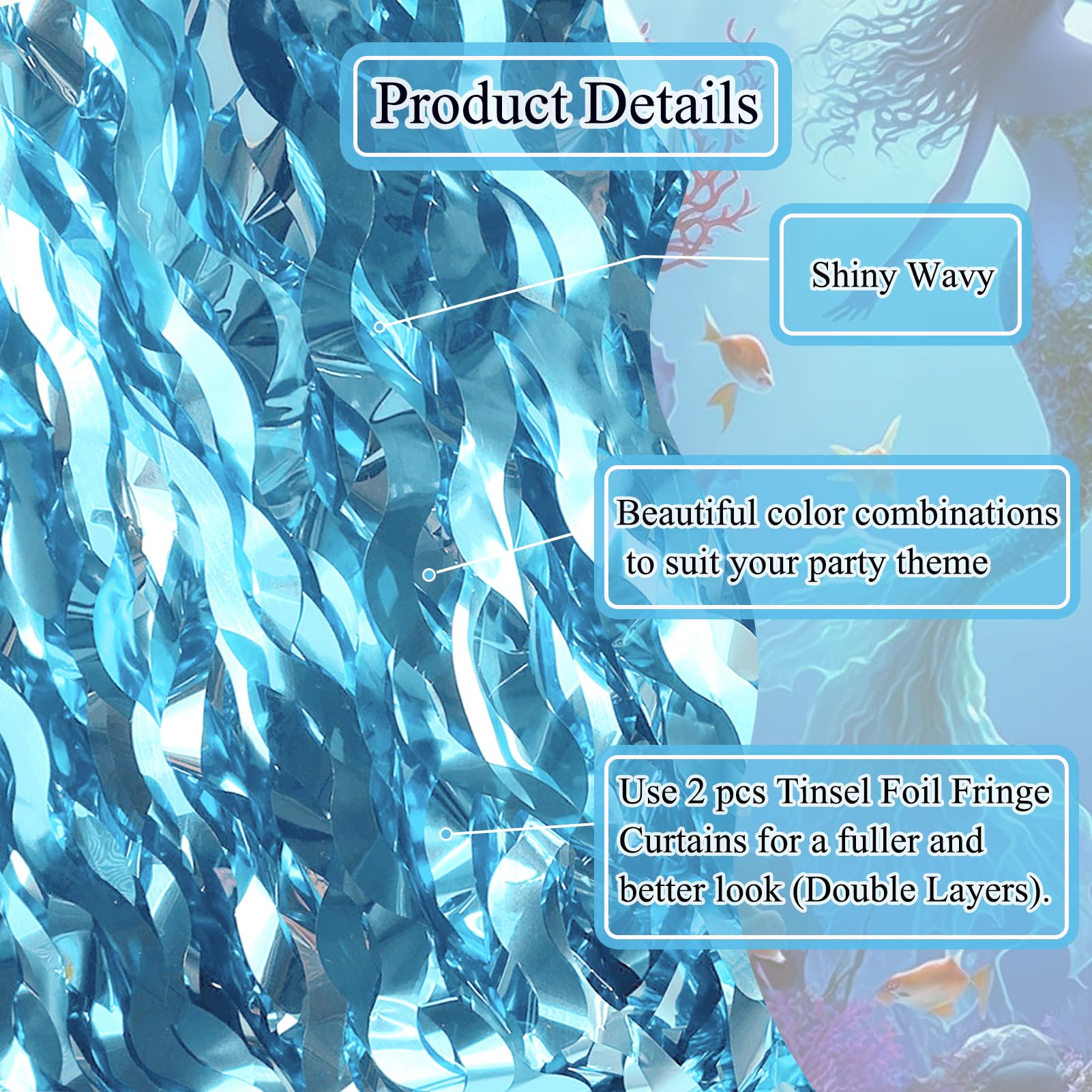 2 Pack Teal Blue Shiny Wavy Tinsel Foil Fringe Table Skirts - Mermaid, Under The Sea & Baby Shark Party Decorations - Perfect for Birthday Parties, Baby Showers & Ocean-Themed Events