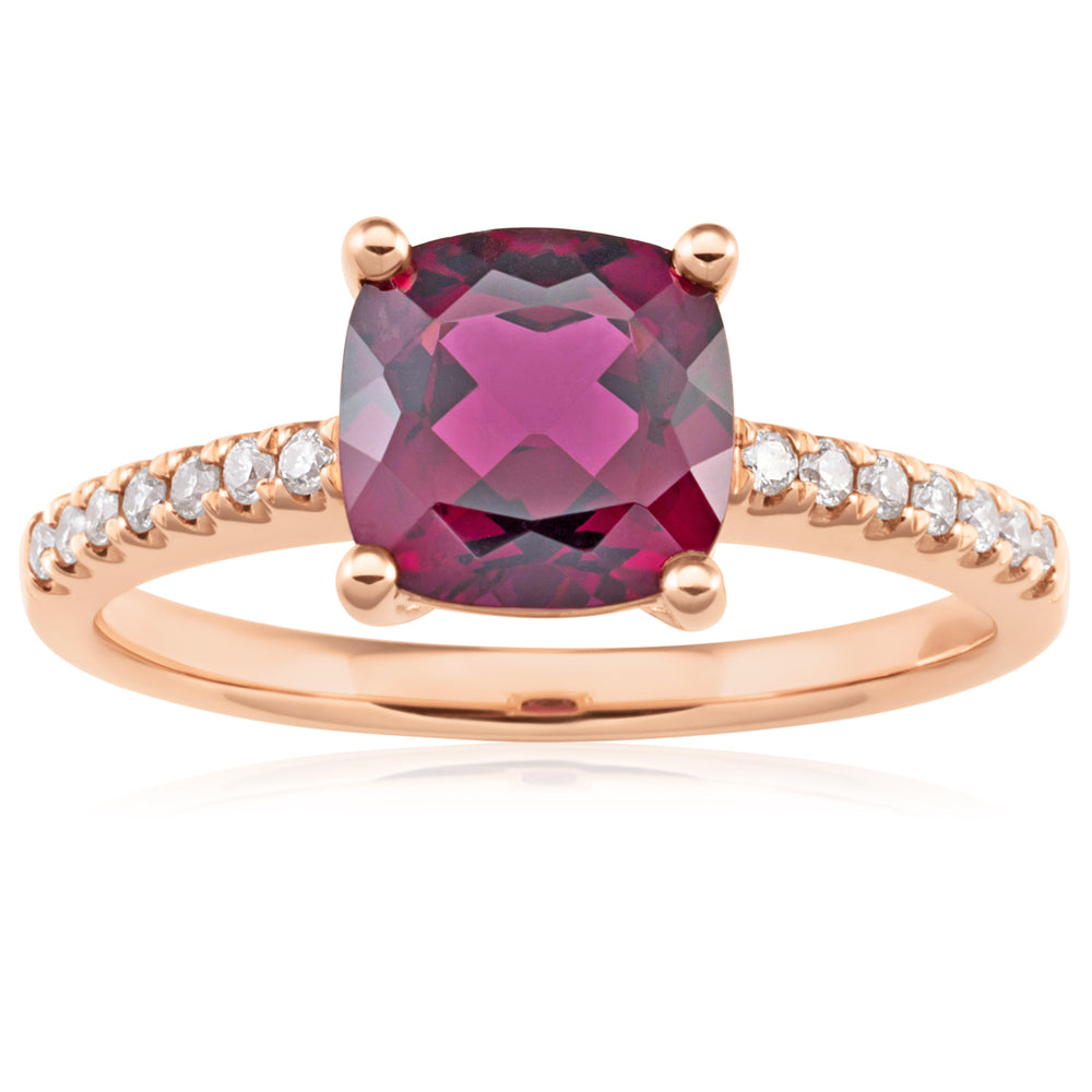 9ct Rose Gold 7mm Cushion Cut Rhodolite Garnet Ring with 0.11ct Diamonds - Elegant Jewelry for Women, Perfect for Engagement, Anniversary & Special Occasions