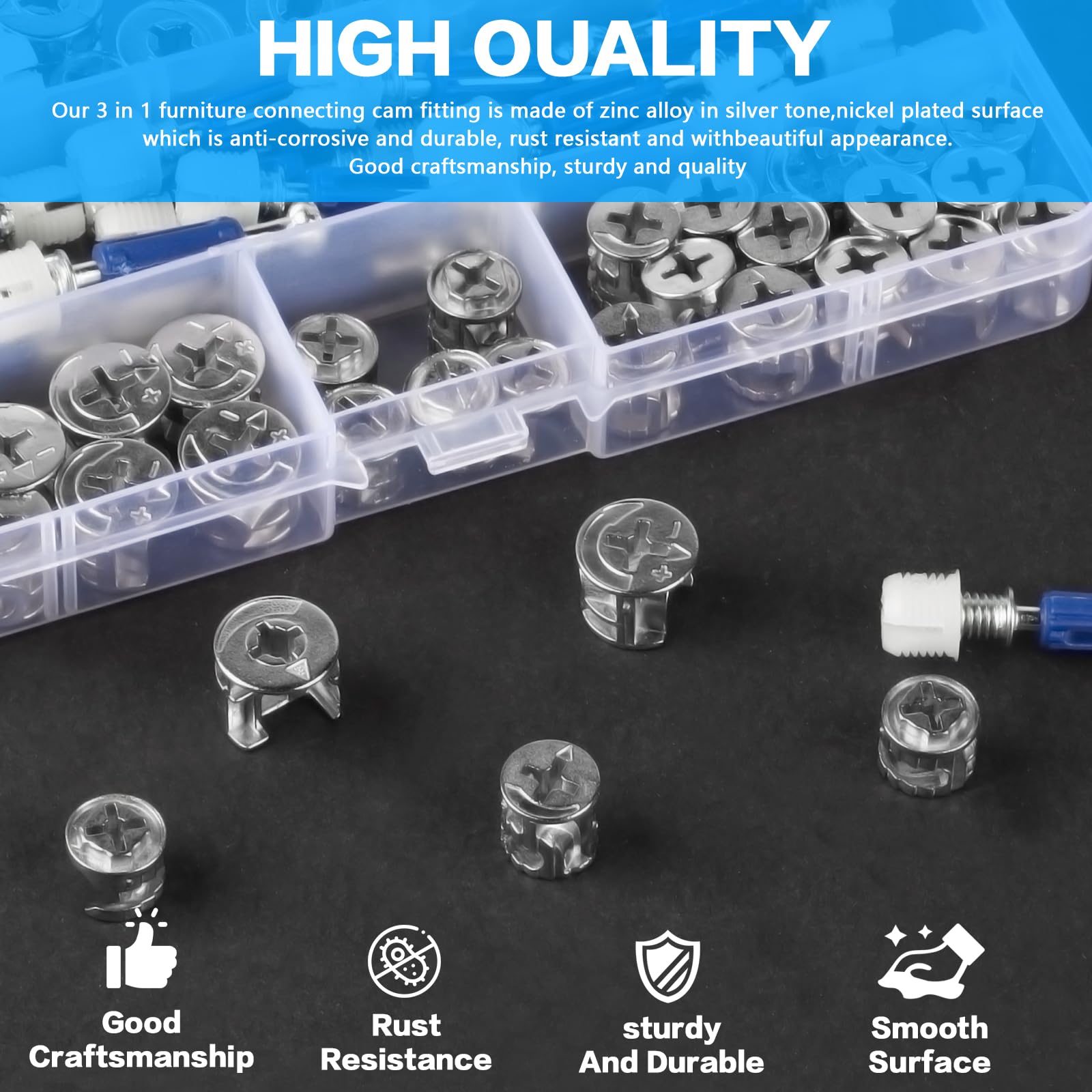 110 Pcs Cam Lock Nuts and Screws Set - 3-in-1 Furniture Fasteners for Cabinet & Drawer Assembly - Durable Hardware Connectors for DIY Furniture Building & Home Improvement Projects