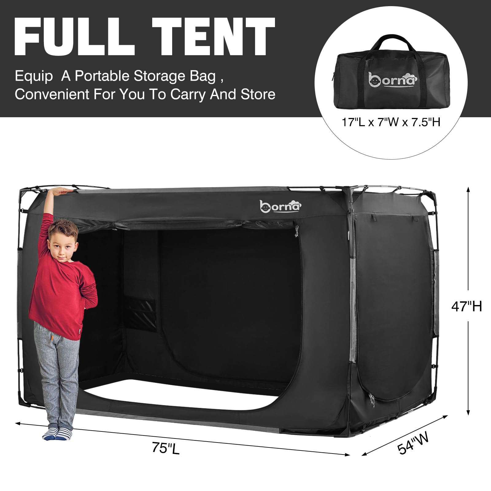 BORNA Full Size Bed Tent - Portable Sleeping Canopy for Kids & Adults, Breathable Privacy Bed Tent with 3 Doors (Mattress Not Included) | Perfect for Camping, Sleepovers & Indoor Privacy