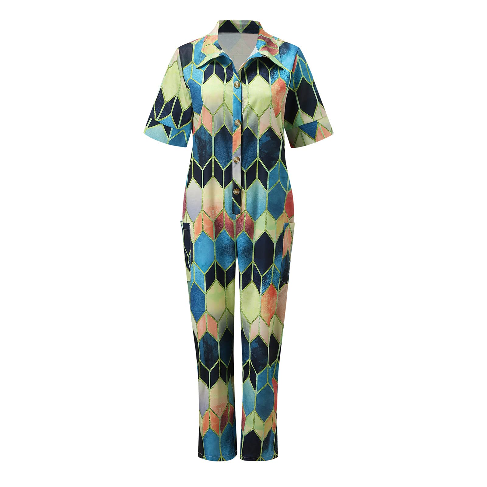 Women's Casual Short Sleeve Jumpsuit with Print & Pockets - Stylish Button Front Romper Playsuit for Summer Outfits, Beach Wear, and Casual Daily Fashion