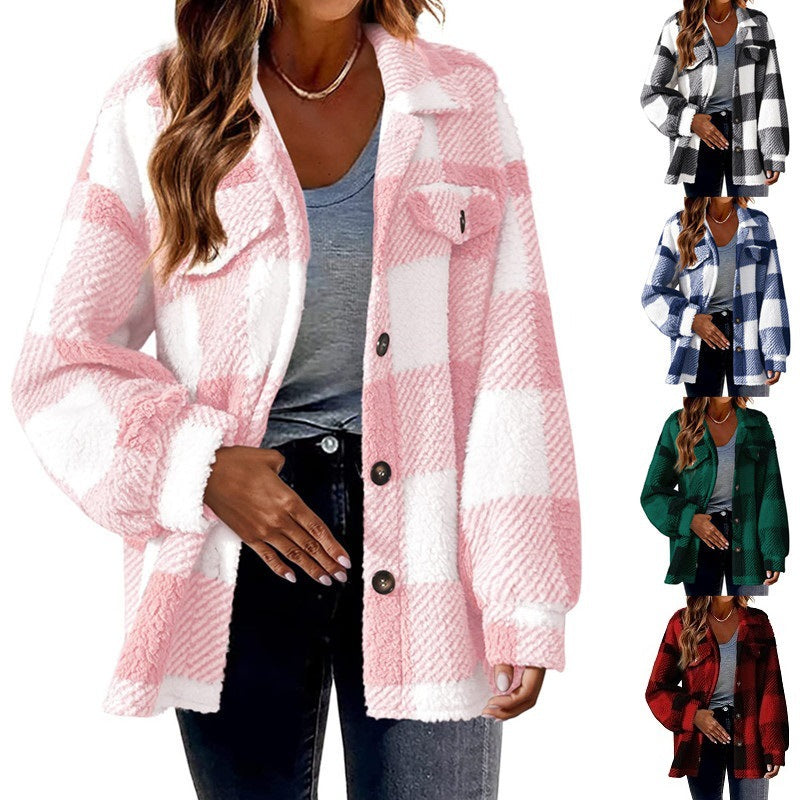 Women's Wool Plaid Jacket with Turn-Down Collar & Pockets - Single Breasted Button Down Coat for Autumn & Winter - Perfect for Office, Casual Outings & Outdoor Activities