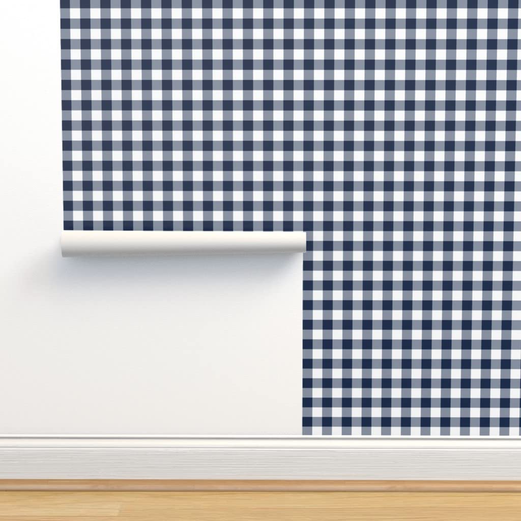 Removable Wallpaper 12ft x 2ft - Navy White Gingham Check Blue Buffalo Plaid Pattern | Peel and Stick Wallpaper for Nursery, Kitchen, Bedroom, Dorm | Gender Neutral Home Decor by Spoonflower