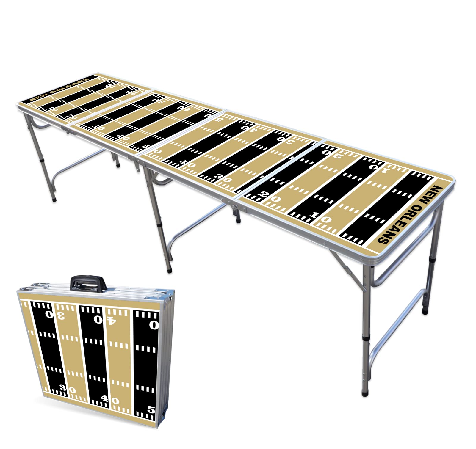 8-Foot Folding Portable Beer Pong Table with LED Lights & Optional Cup Holders - New Orleans Saints Football Field Design for Parties, Tailgates & Game Nights