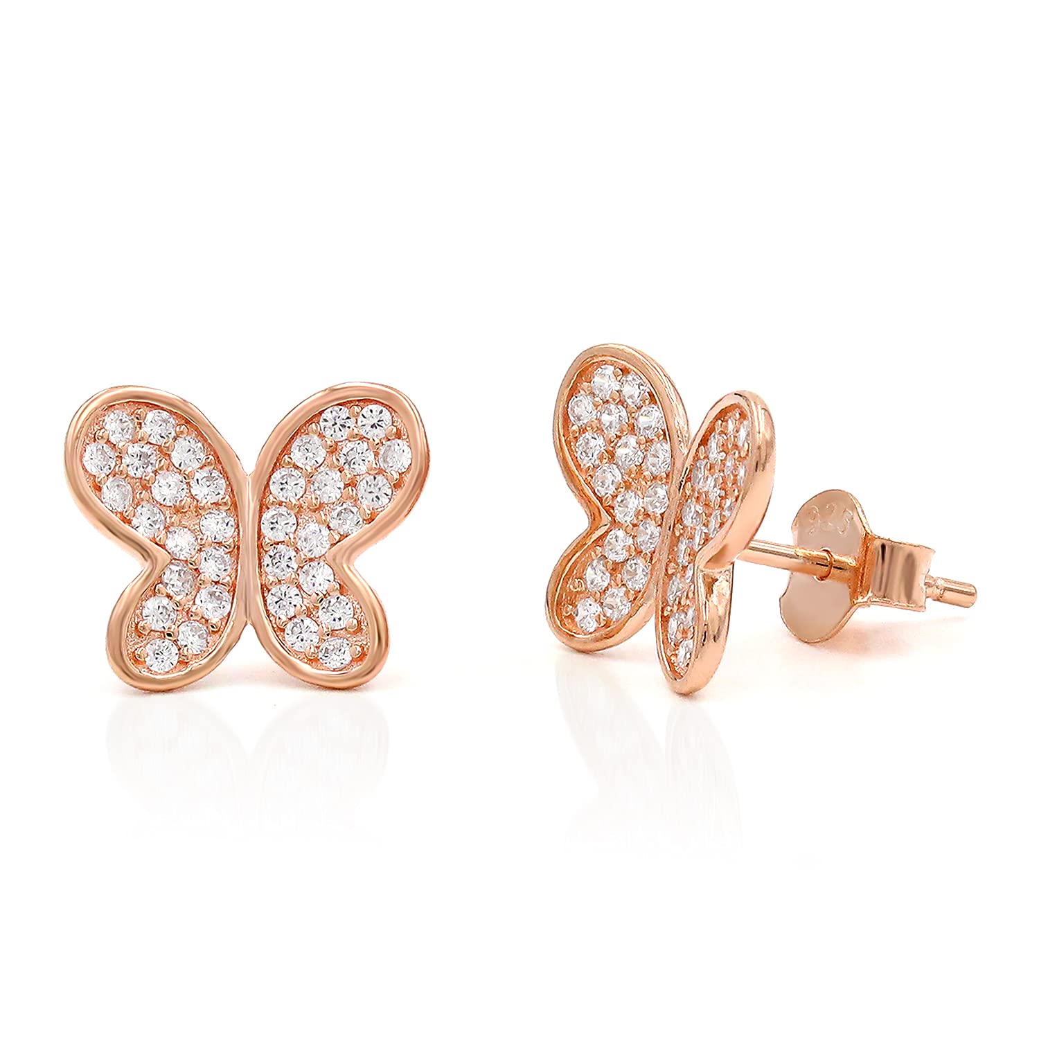 925 Sterling Silver Rose Gold Plated Butterfly Stud Earrings with Micro Pave CZ Cubic Zirconia - Elegant Jewelry for Women, Gift for Her, Perfect for Parties, Weddings & Everyday Wear