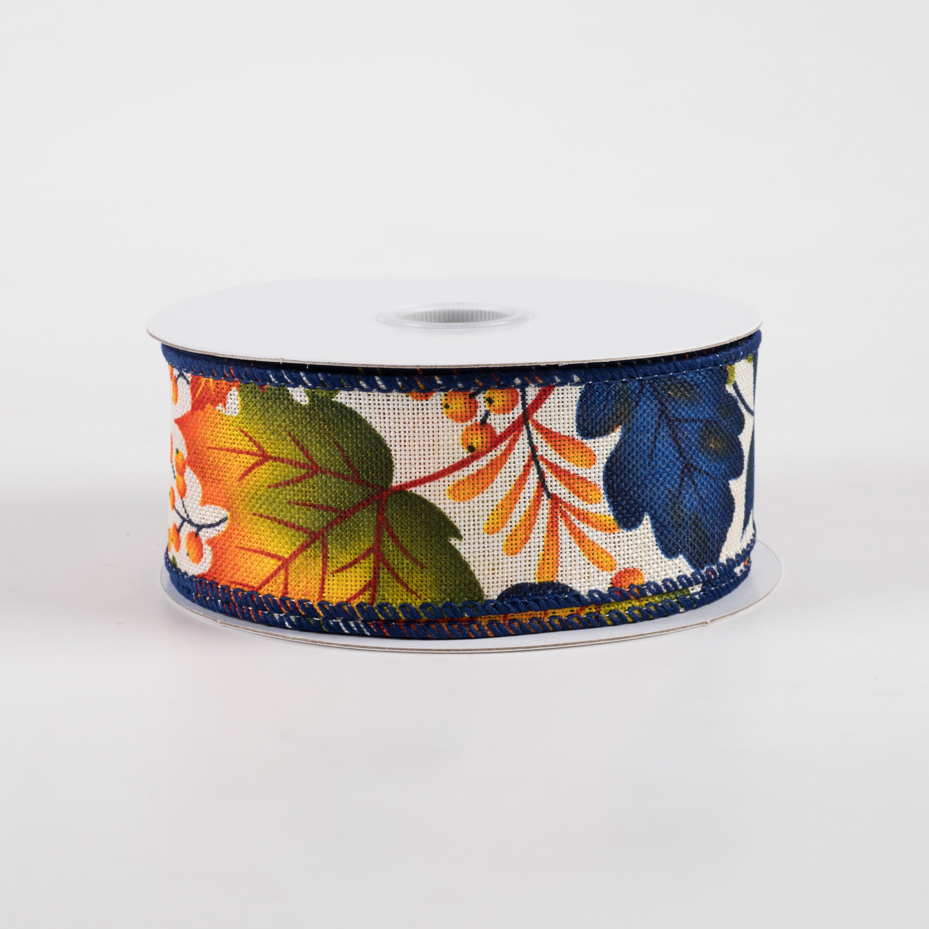 1.5 Inch Linen Navy Fall Leaves Ribbon - Ivory (10 Yards) - Perfect for Autumn Crafts, Gift Wrapping, and Seasonal Decorations