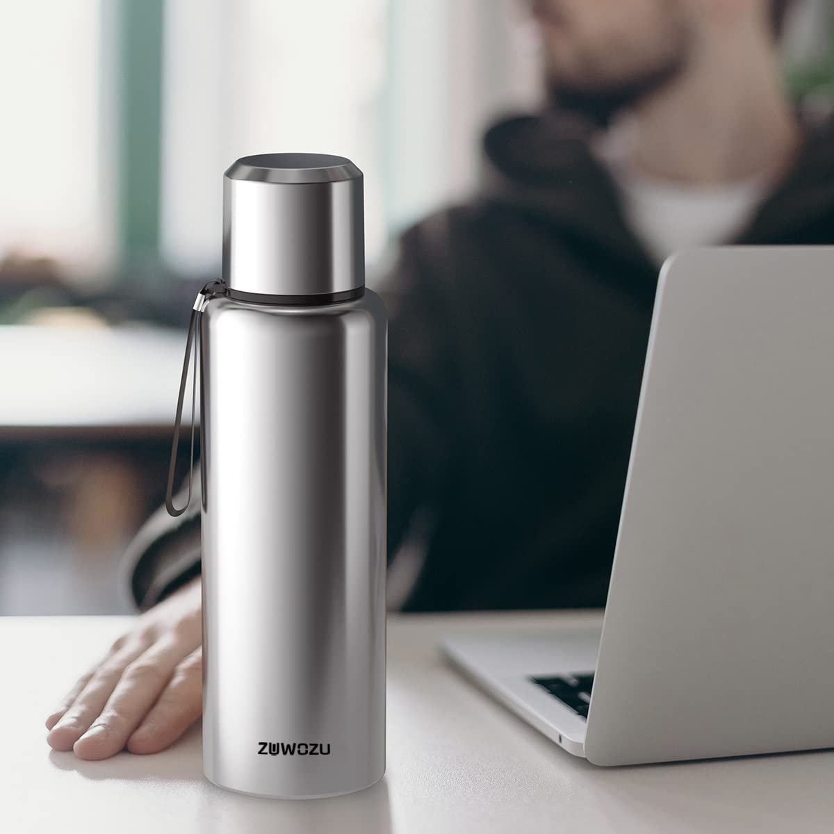 Premium 20oz Insulated Stainless Steel Water Bottle with Sleeve & Strap - Double Wall Vacuum Flask for Hot & Cold Drinks - Keeps Coffee, Tea, Water Temperature for Hours - Perfect for Hiking, Gym, Office & Outdoor Activities (Silver)