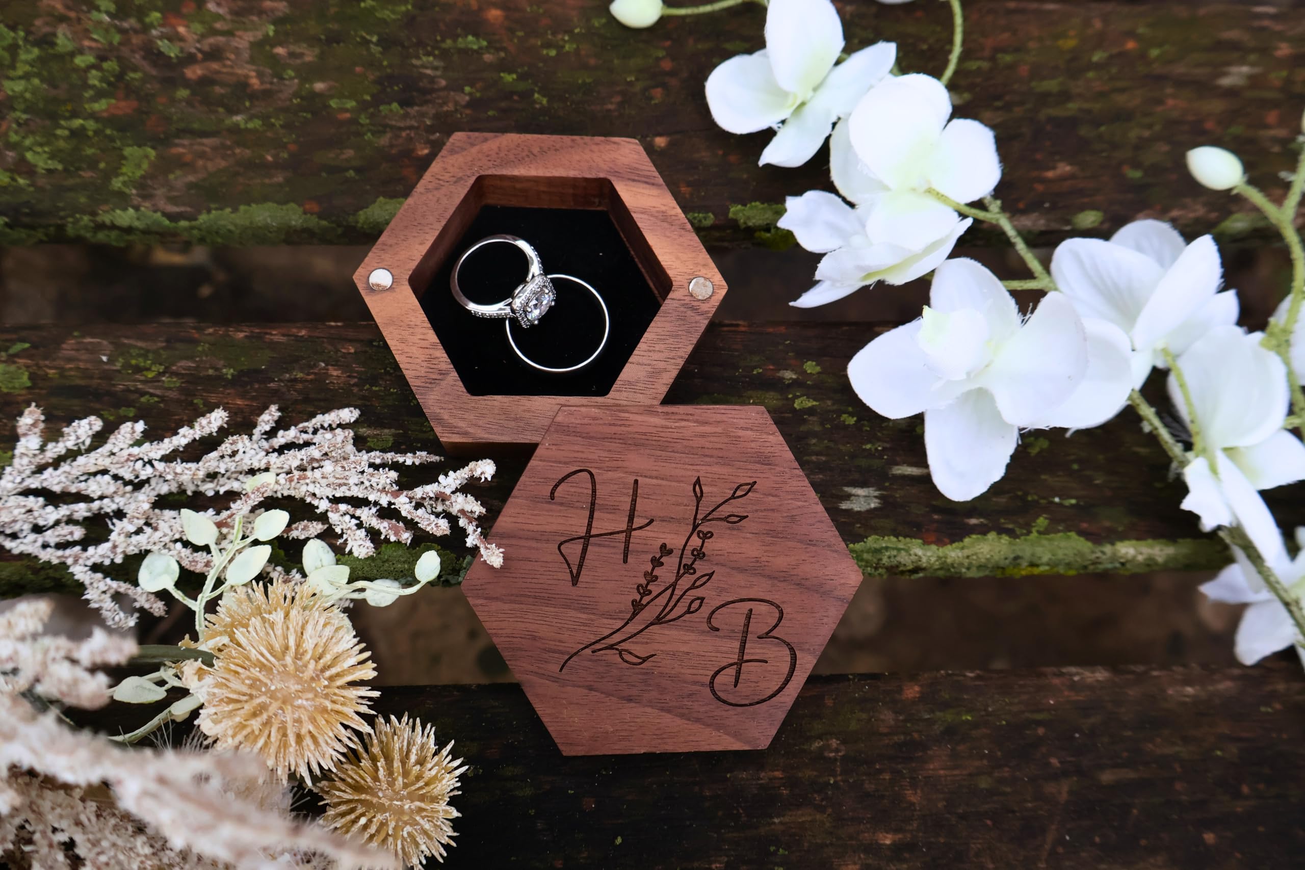 Personalized Wedding Ring Box - Engraved Hexagonal Walnut Wood Ring Holder for Proposal, Engagement & Wedding Ceremonies - Perfect Ring Bearer Gift & Keepsake Box for Couples (Design 11)
