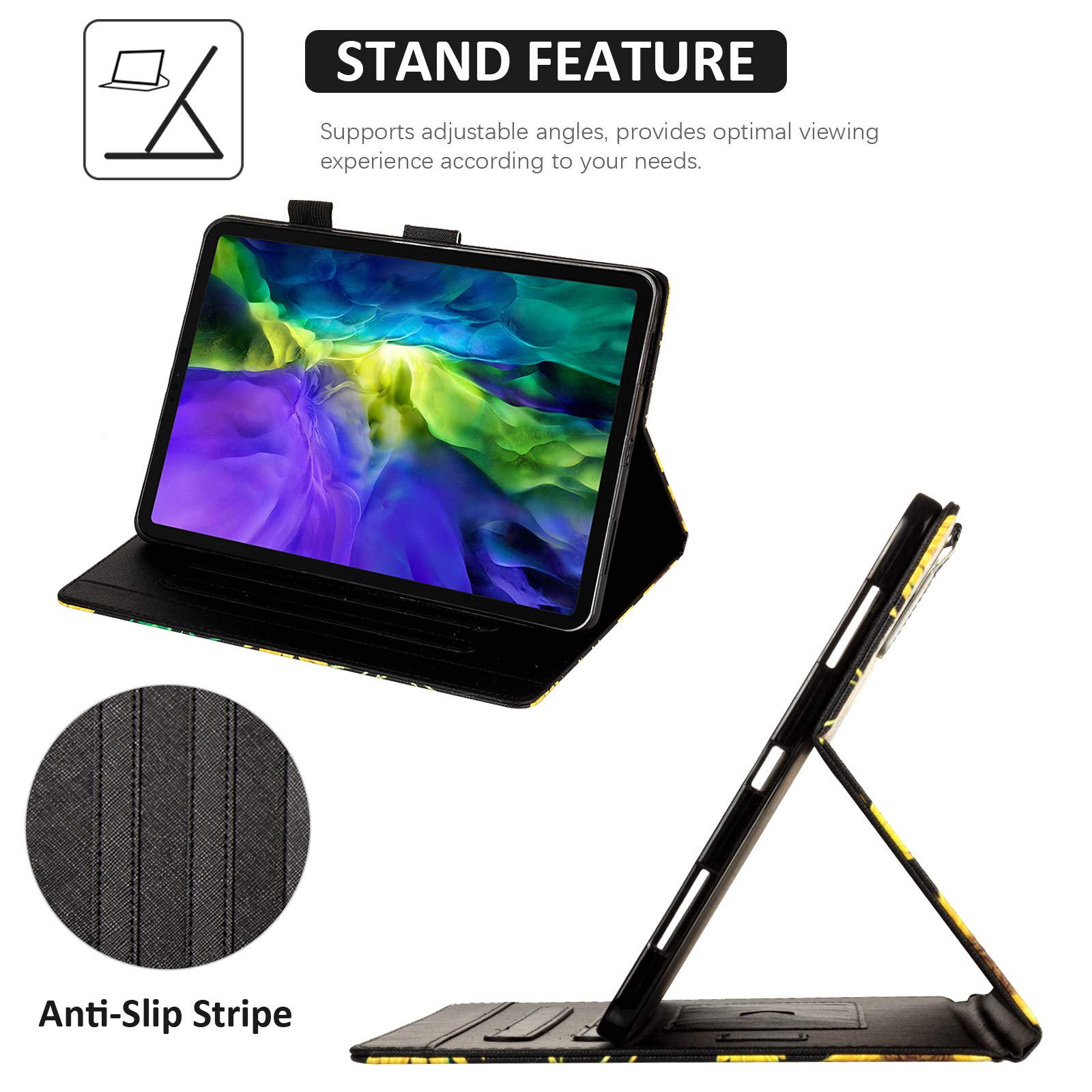 Dteck PU Leather iPad Air 11''/iPad Pro 11'' Case (1st-5th Gen) - Multi-Angle Stand Folio with Auto Wake/Sleep & Card Slots | Protective Cover for Work, School & Travel | Black Cat Design