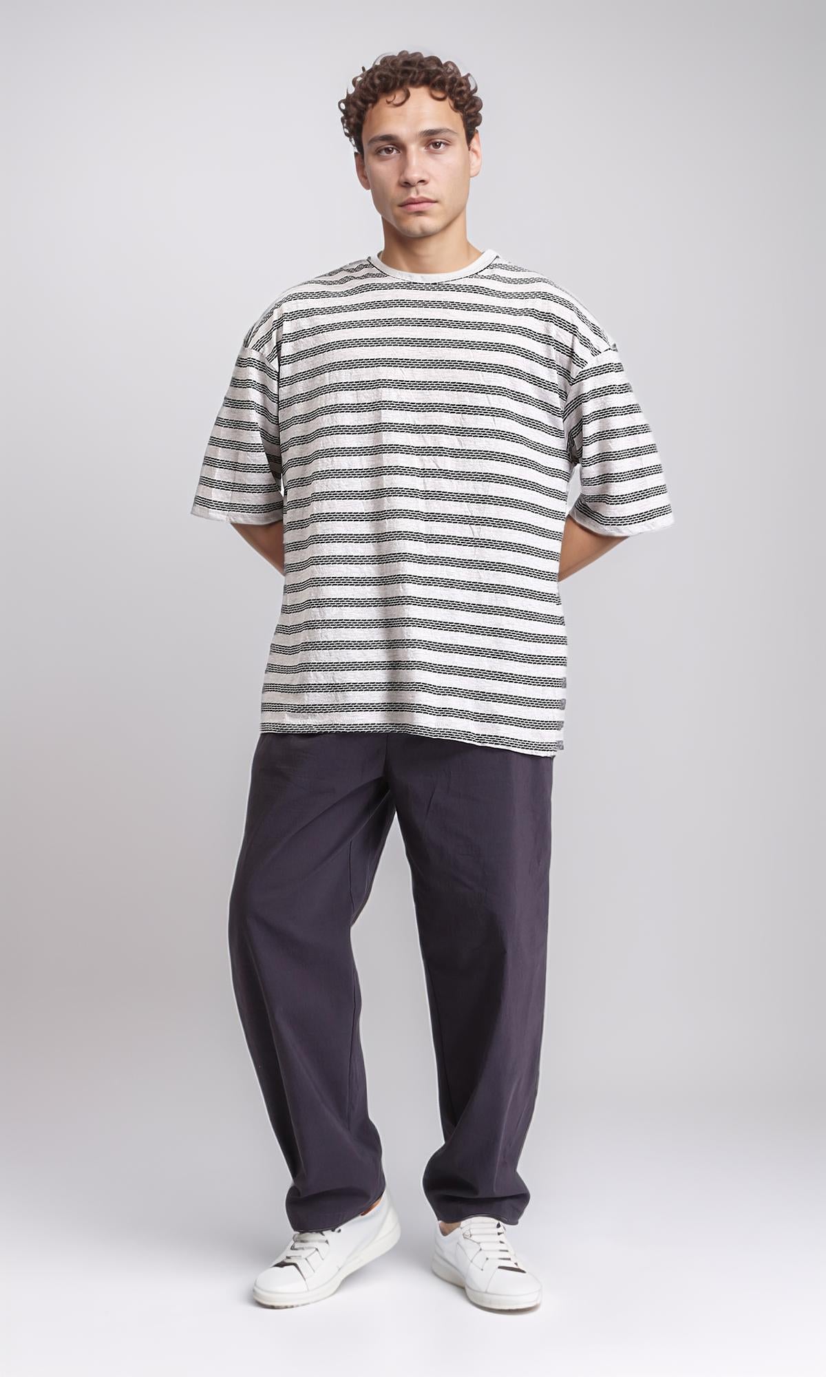 R208463 Crew Neck Striped Cotton T-Shirt for Men & Women - Heather Grey & Black - Casual Comfort Wear for Everyday Outfits