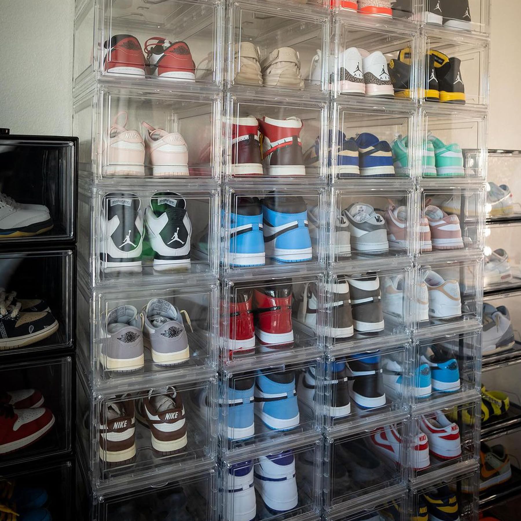 12 Pack Clear Acrylic Plastic Shoe Storage Boxes - Stackable, Foldable Drop Front Design with Lids - Fits Up to Size 15 Shoes - Space Saving Organizer for Closet, Bedroom & Entryway (Transparent)