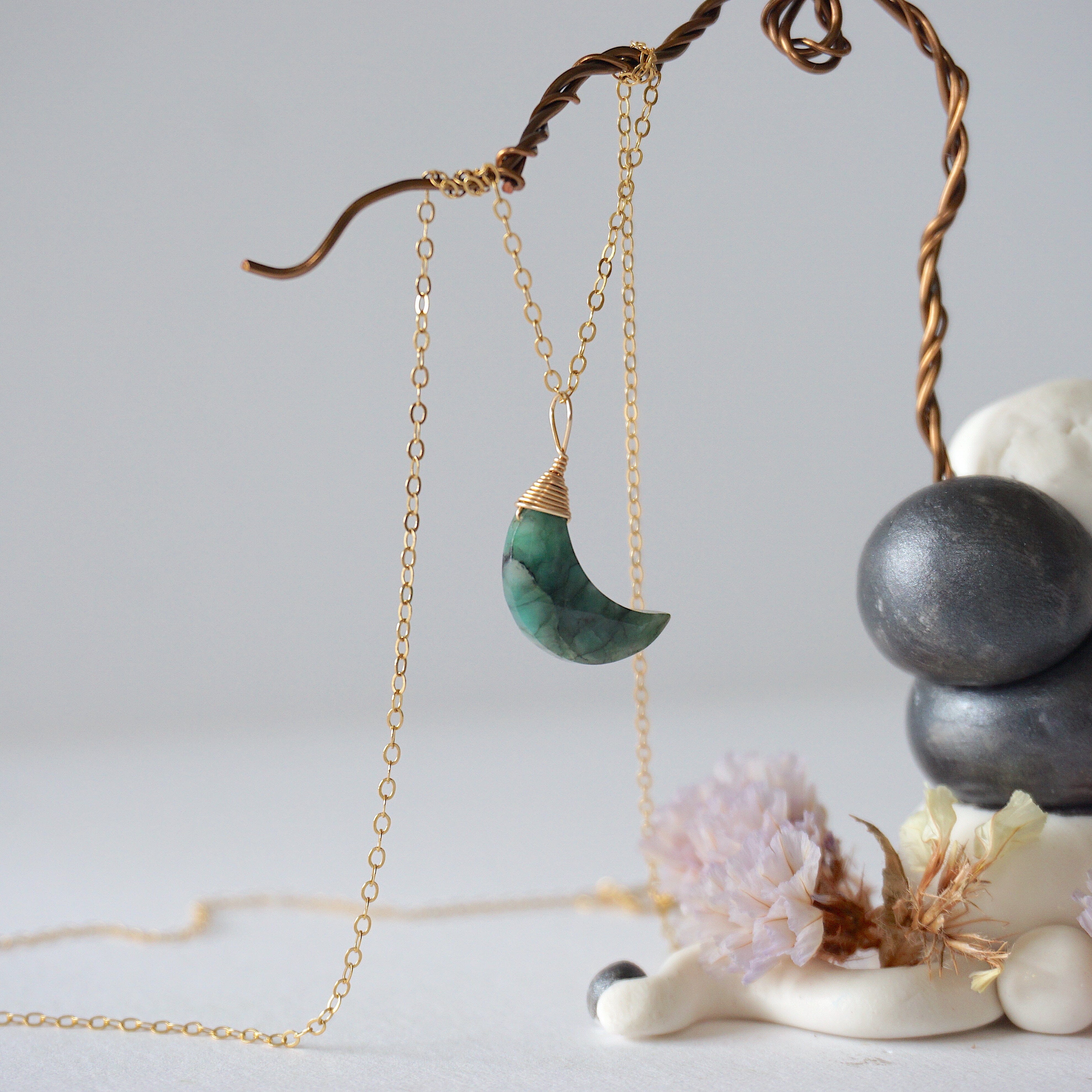 14K Gold Filled Emerald Moon Charm Necklace for Women - Elegant Celestial Jewelry Gift for Birthday, Anniversary & Special Occasions