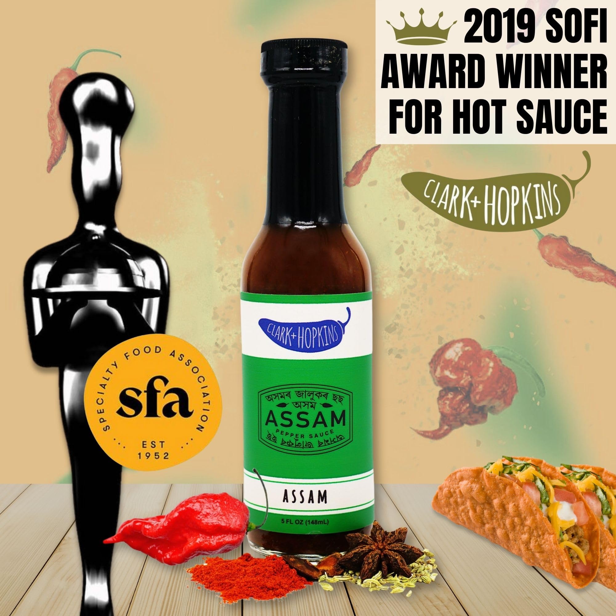 Clark + Hopkins Assam Pepper Sauce - Ghost Pepper Curry & 7 Pot Primo Chili Hot Sauce | Authentic Assamese Cuisine | 5oz Bottle | Perfect for Wings, Tacos & Curry Dishes