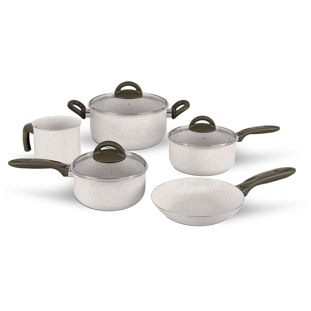 Brinox 5-Piece Ceramic Life Suprema Cookware Set - Nonstick Vanilla Coating, Oven & Dishwasher Safe Pots and Pans for Cooking, Baking & Serving - Perfect for Home Kitchens & Gift Giving