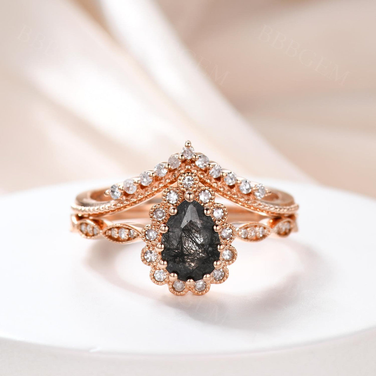 Pear Shaped Black Rutilated Engagement Ring - Rose Gold Diamond Wedding Band with Black Gemstone | Anniversary Gift for Her | Perfect for Proposals, Weddings & Special Occasions