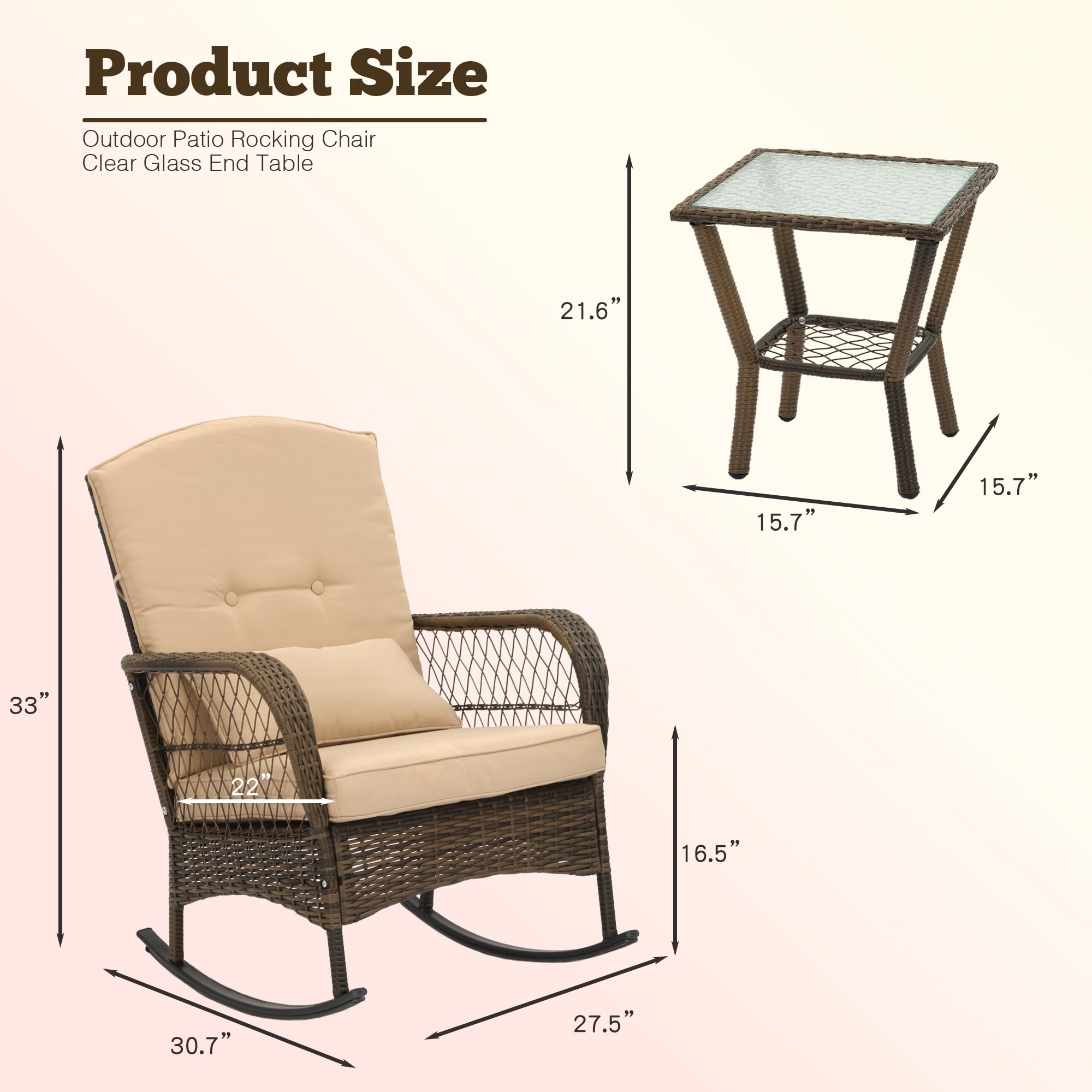 3-Piece Outdoor Wicker Rocking Chair Set with Cushions & Glass-Top Coffee Table - Rattan Patio Conversation Bistro Set for Porch, Backyard, Garden - Beige - Perfect for Relaxing, Entertaining & Outdoor Lounging