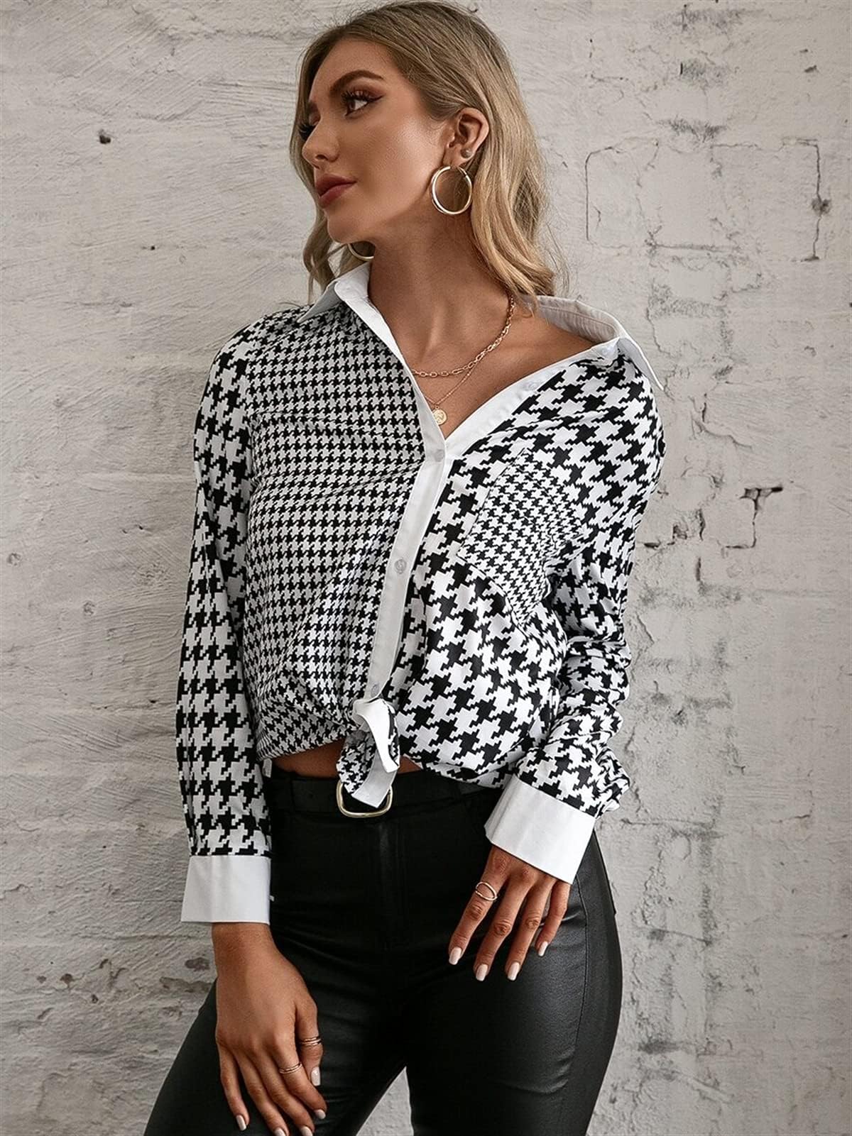 Women's Long Sleeve Houndstooth Button Down Shirt - Black & White Blouse for Office, Casual Wear & Layering (Size S) | Fashionable Button Front Top for Work, Date Night & Everyday Outfits