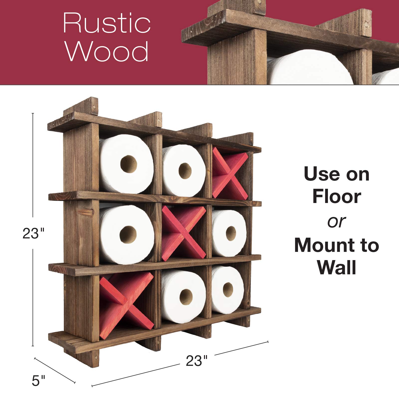 EXCELLO GLOBAL Rustic Wooden Toilet Paper Holder - Wall Mount or Freestanding Bathroom Tissue Roll Organizer with Tic Tac Toe Design | Perfect for Farmhouse, RV & Small Space Bathroom Decor