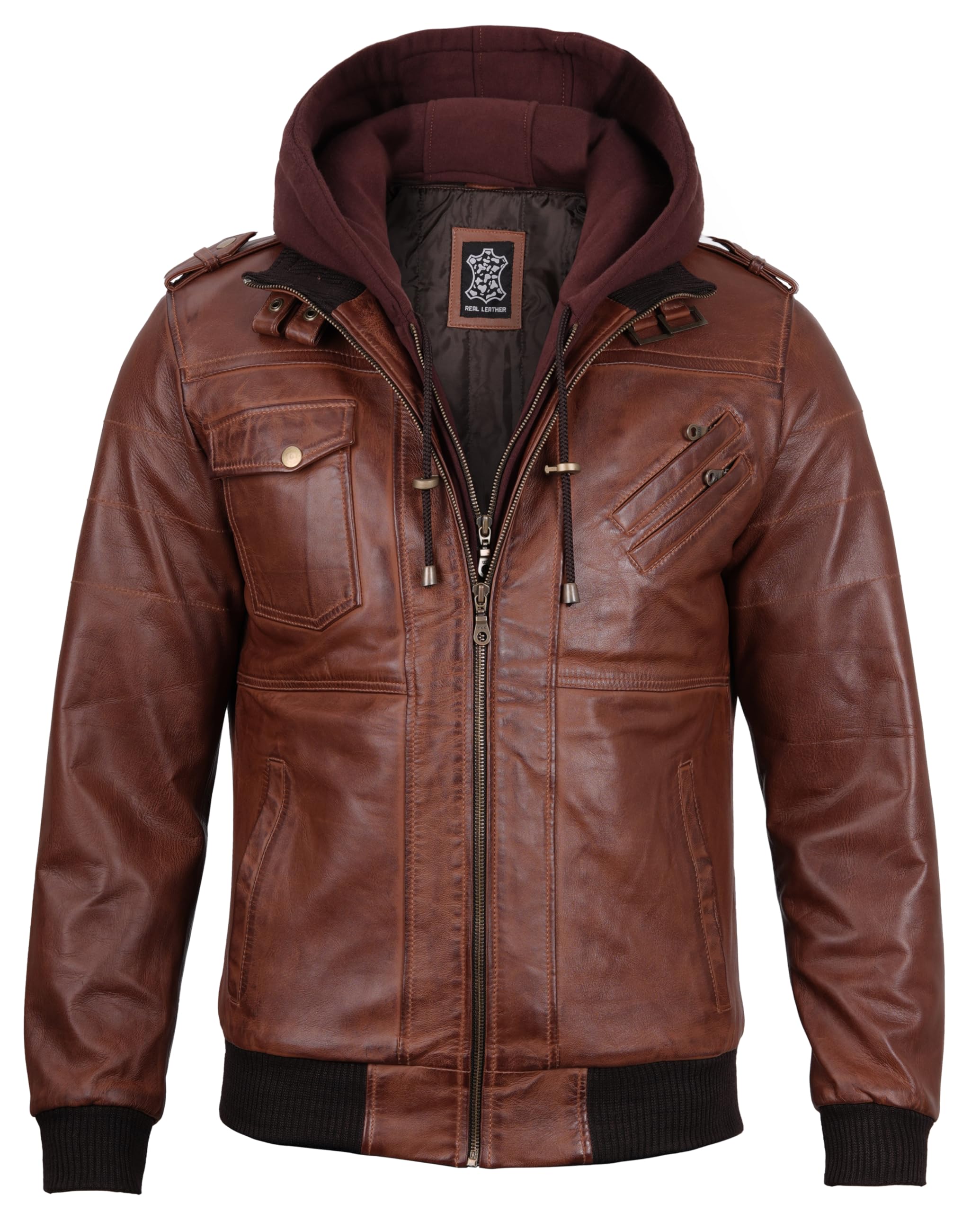 Genuine Leather Bomber Jacket for Men - Motorcycle & Casual Wear with Removable Hood - Perfect for Riding, Travel & Everyday Fashion