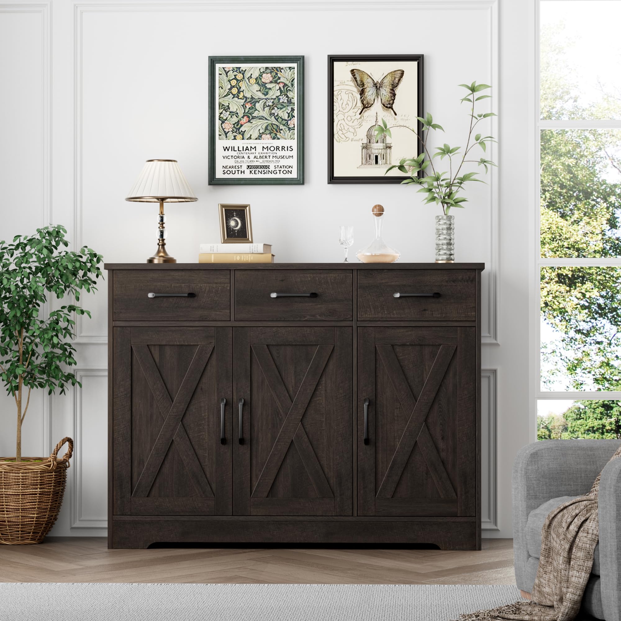 Modern Farmhouse Buffet Sideboard Cabinet with Barn Doors - Wood Storage Cabinet with Drawers & Shelves for Dining Room, Kitchen, Living Room - Dark Brown Coffee Bar Organizer for Home Decor & Entertaining