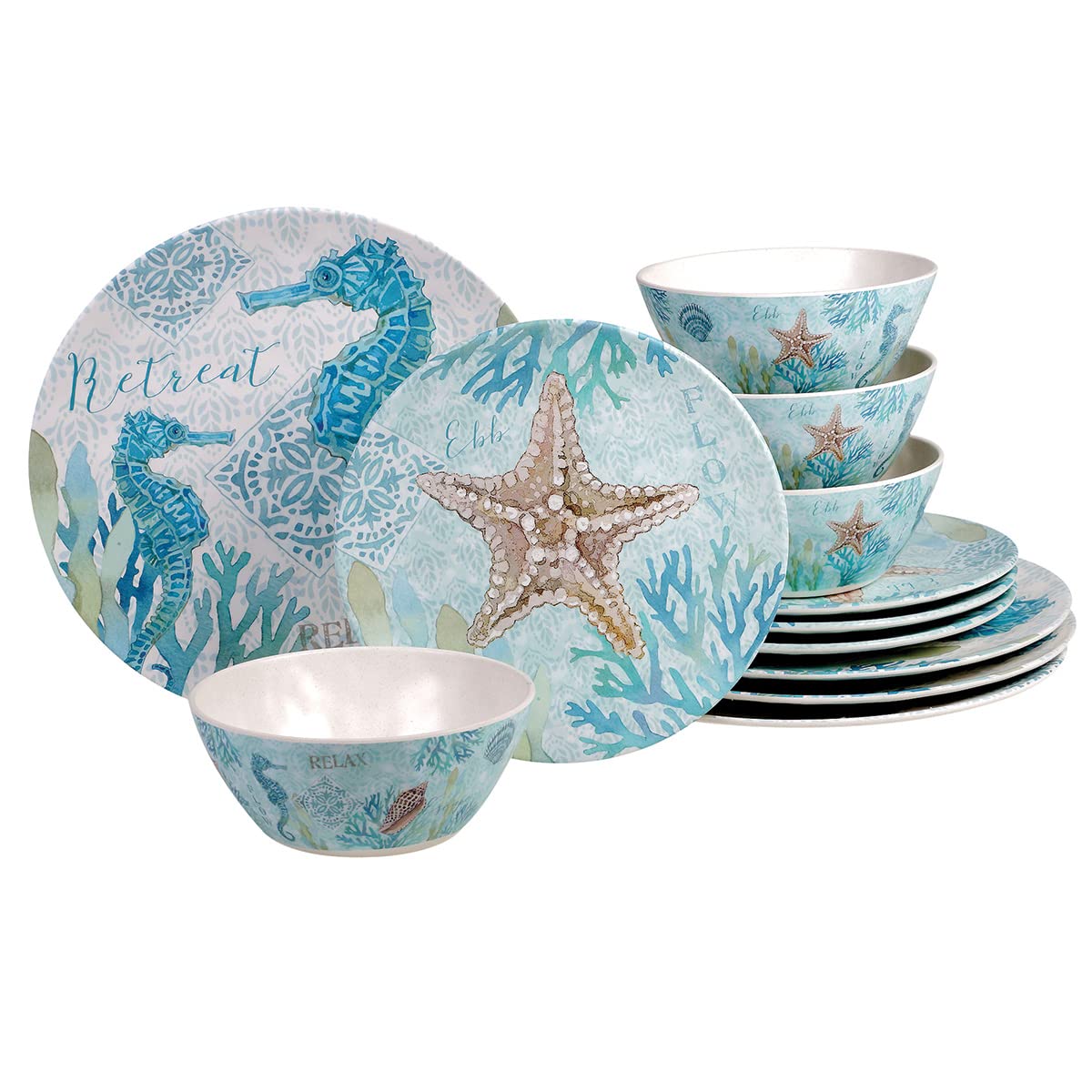 BLACK FOREST DECOR Ocean Retreat 12-Piece Dinnerware Set - Elegant Beach-Themed Porcelain Plates, Bowls & Mugs - Perfect for Coastal Dining, Beach House Decor & Summer Entertaining