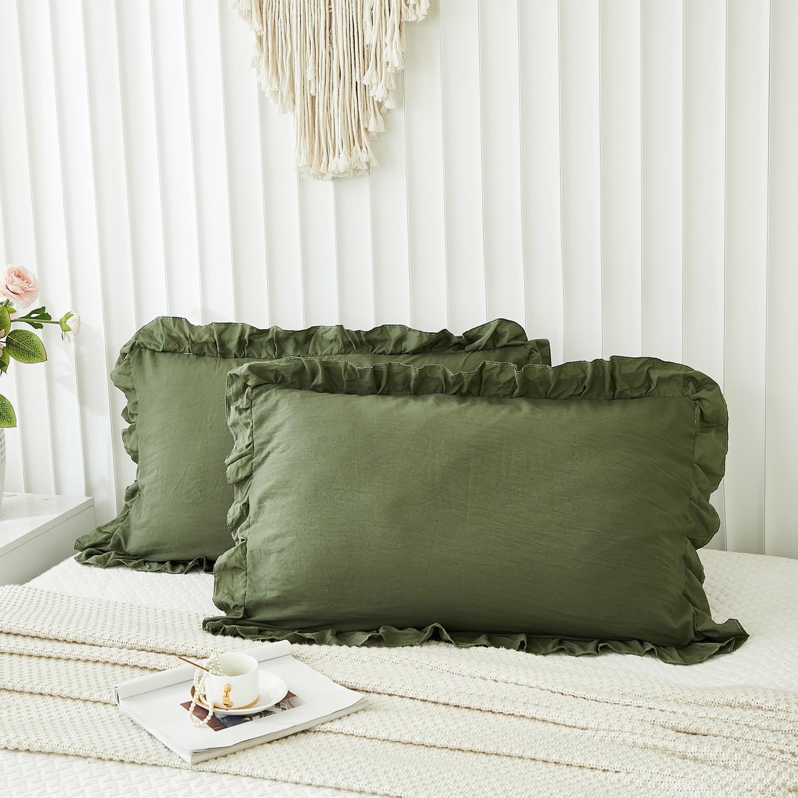 Olive Green Ruffled Pillow Shams Set of 2 - King Size 20x36 Inches - Shabby Chic Decorative Pillowcases with Fringe Design for Bedroom, Living Room, Sofa & Home Decor