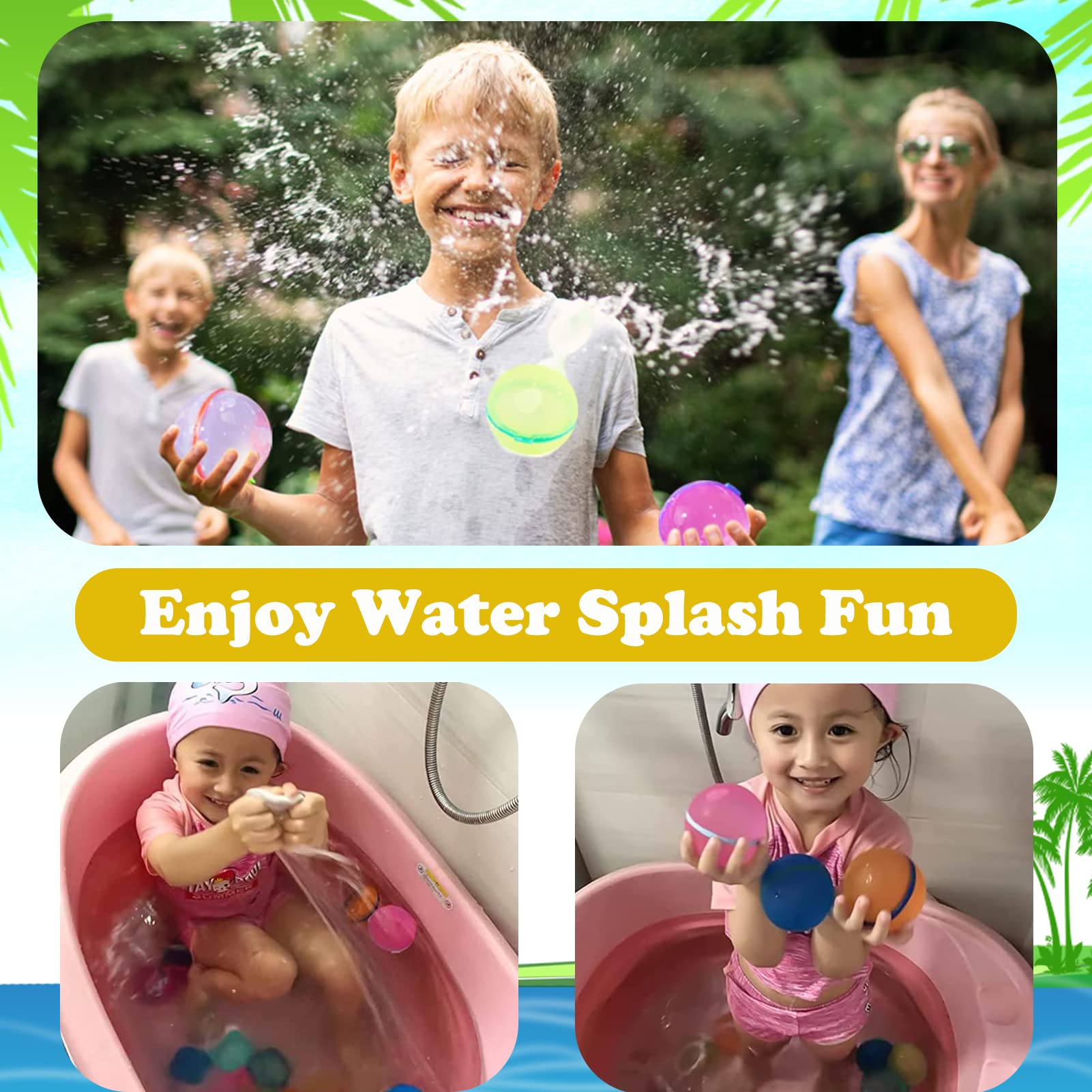 6 Pack Reusable Silicone Water Balloons - Self-Sealing No-Tie Water Bomb Balloons for Kids, Outdoor Summer Water Games, Pool Party, Backyard Fun