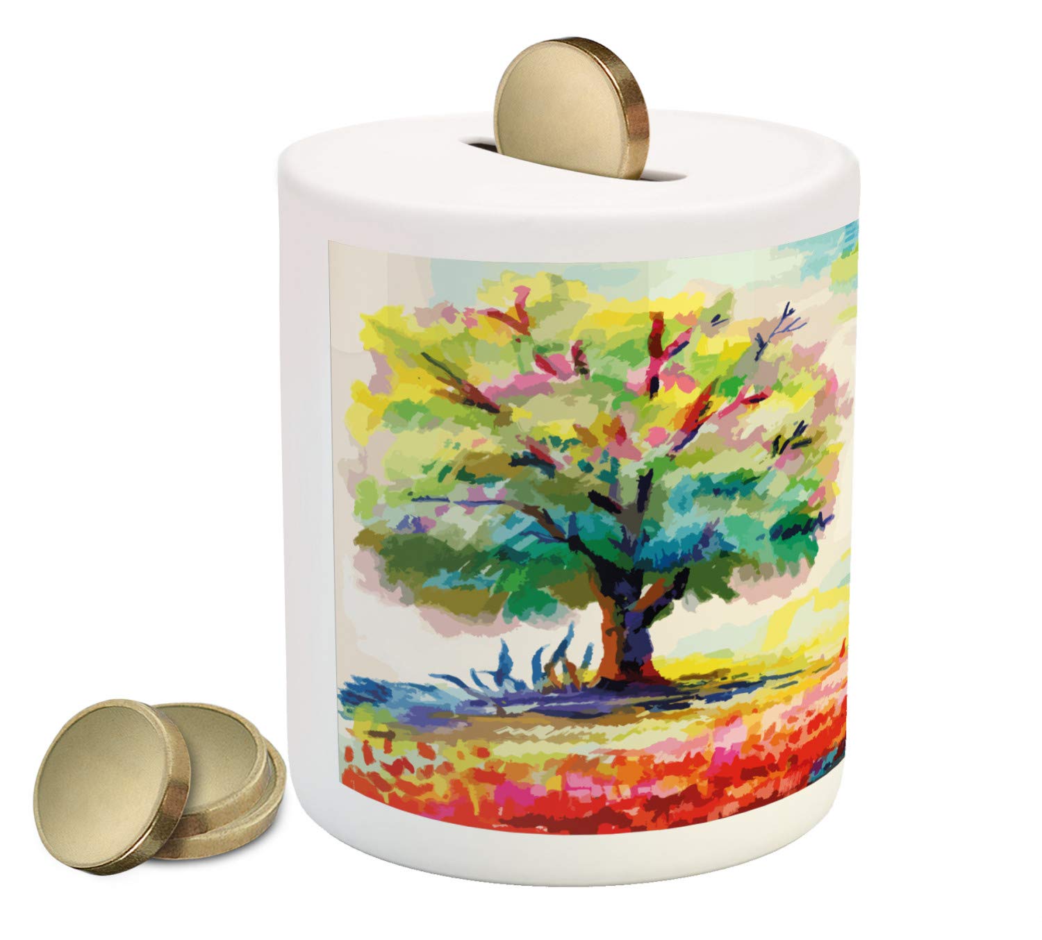 Ambesonne Ceramic Piggy Bank with Hand-Painted Floral Forest Scenery - Colorful Money Saving Box for Kids & Adults | Perfect for Home Decor, Gift Giving, and Teaching Financial Responsibility