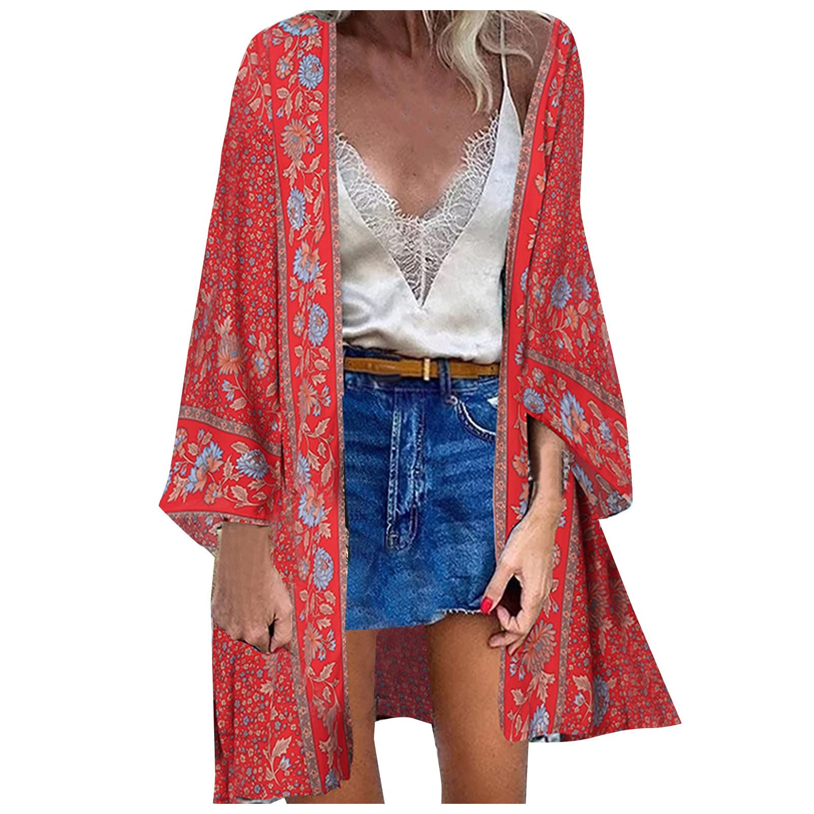 HUANKD Women's Long Sleeve Casual Tops - Summer Batwing Loose Fit Printed Cardigan Shirt | Perfect for Holiday, Beach, and Everyday Wear