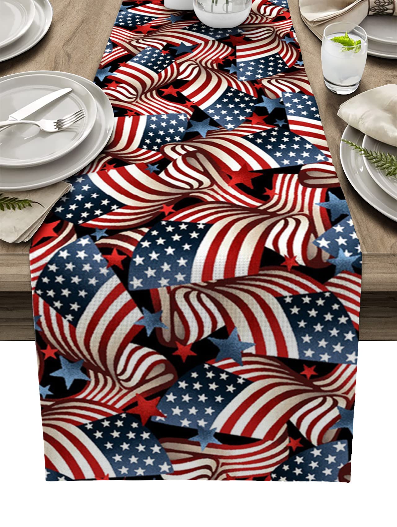 120 Inch Cotton Linen Table Runner - American Flag Patriotic Tablecloth for Independence Day, Dining Table Decor, Kitchen & Bedroom Dresser Scarf | Perfect for Holiday Parties, Home Decor & Seasonal Celebrations