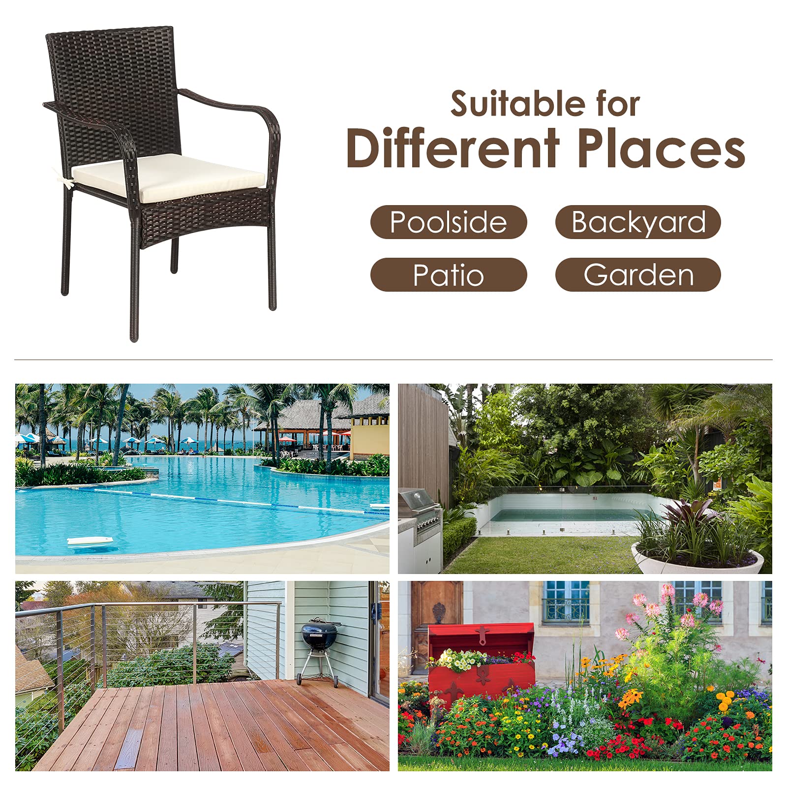 RELAX4LIFE 4-Piece Stackable PE Wicker Patio Dining Chairs Set with Comfortable Cushions & Rust-Proof Steel Frame - Outdoor Conversation Chairs for Porch, Garden, Poolside & Backyard Relaxation | Perfect for Dining, Lounging and Entertaining Guests