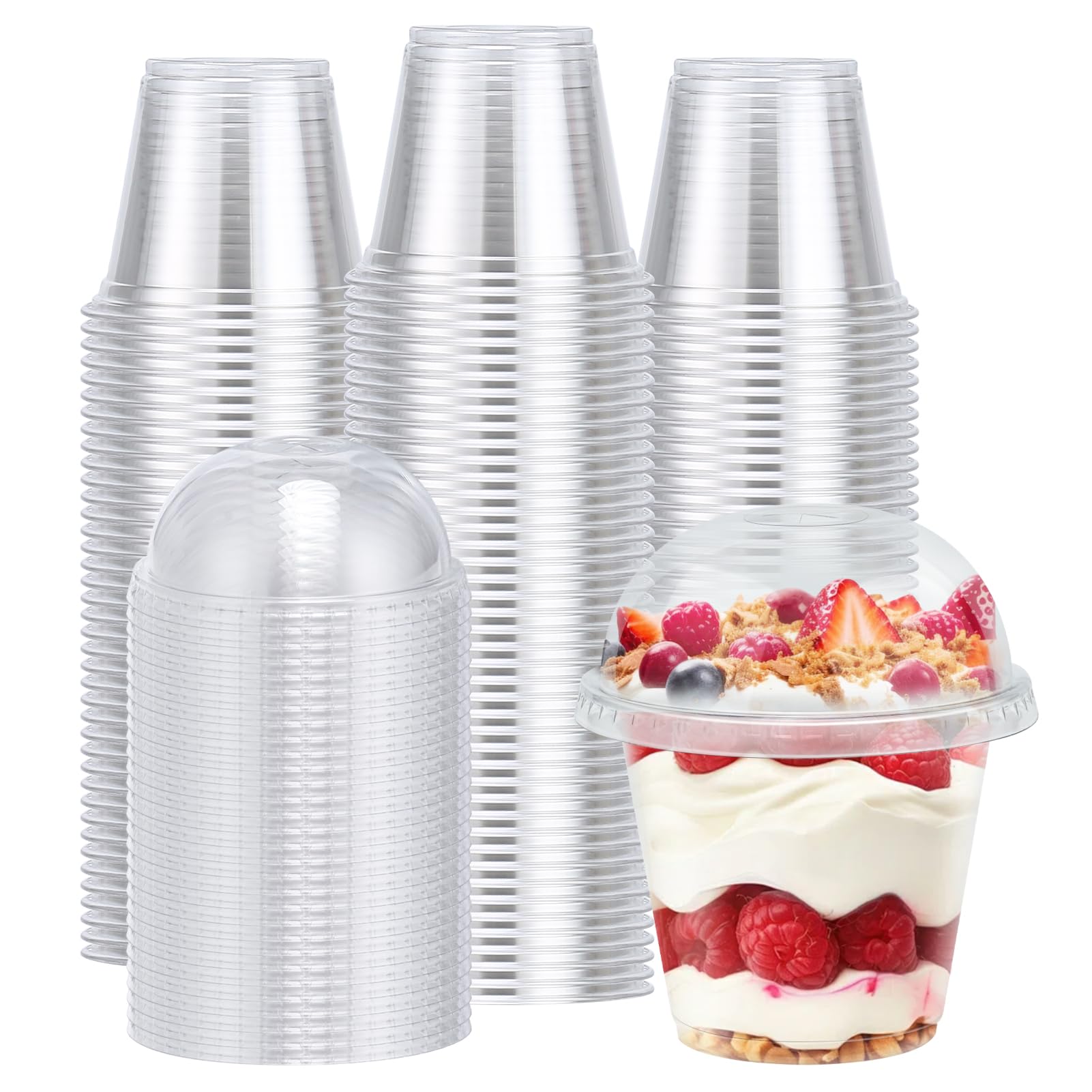 100 Pack 9 oz Clear Plastic Cups with Dome Lids - Disposable & Reusable Dessert Cups for Ice Cream, Cake, Snacks, Fruit, Cold Drinks - Perfect for Parties, Catering, Restaurants & Home Use