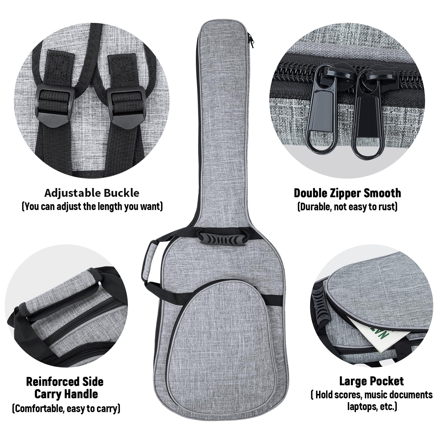 MUZNOTE 47 Inch Electric Bass Guitar Case - Thick 0.35 Inch Padding, Waterproof Gig Bag with Neck Strap & Multiple Pockets, Grey | Perfect for Travel, Gig Storage & Bass Protection