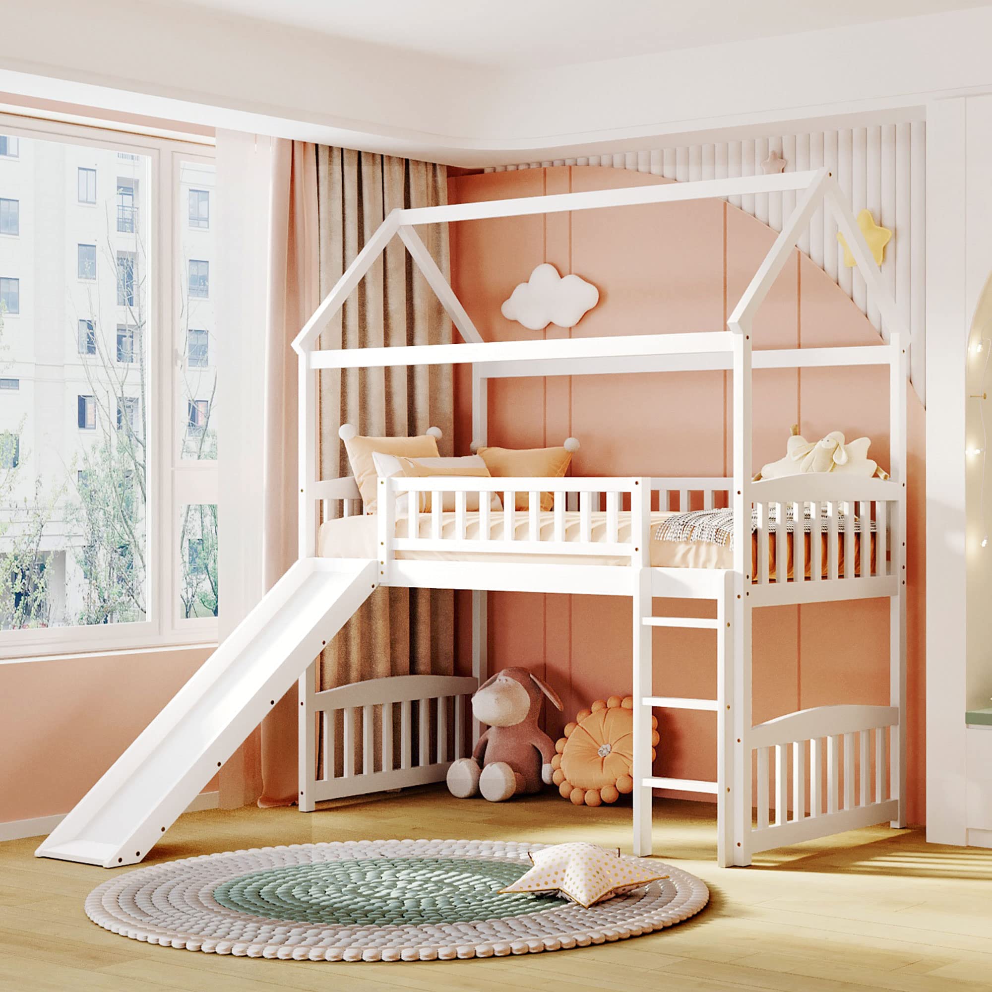 LZ LEISURE ZONE Twin Loft Bed with Slide - Sturdy Wood Loft Bed Frame for Kids, Teens & Adults - Twin Size House Style Bedroom Furniture - No Box Spring Needed - White - Perfect for Small Spaces, Kids' Rooms & Dorm Decor