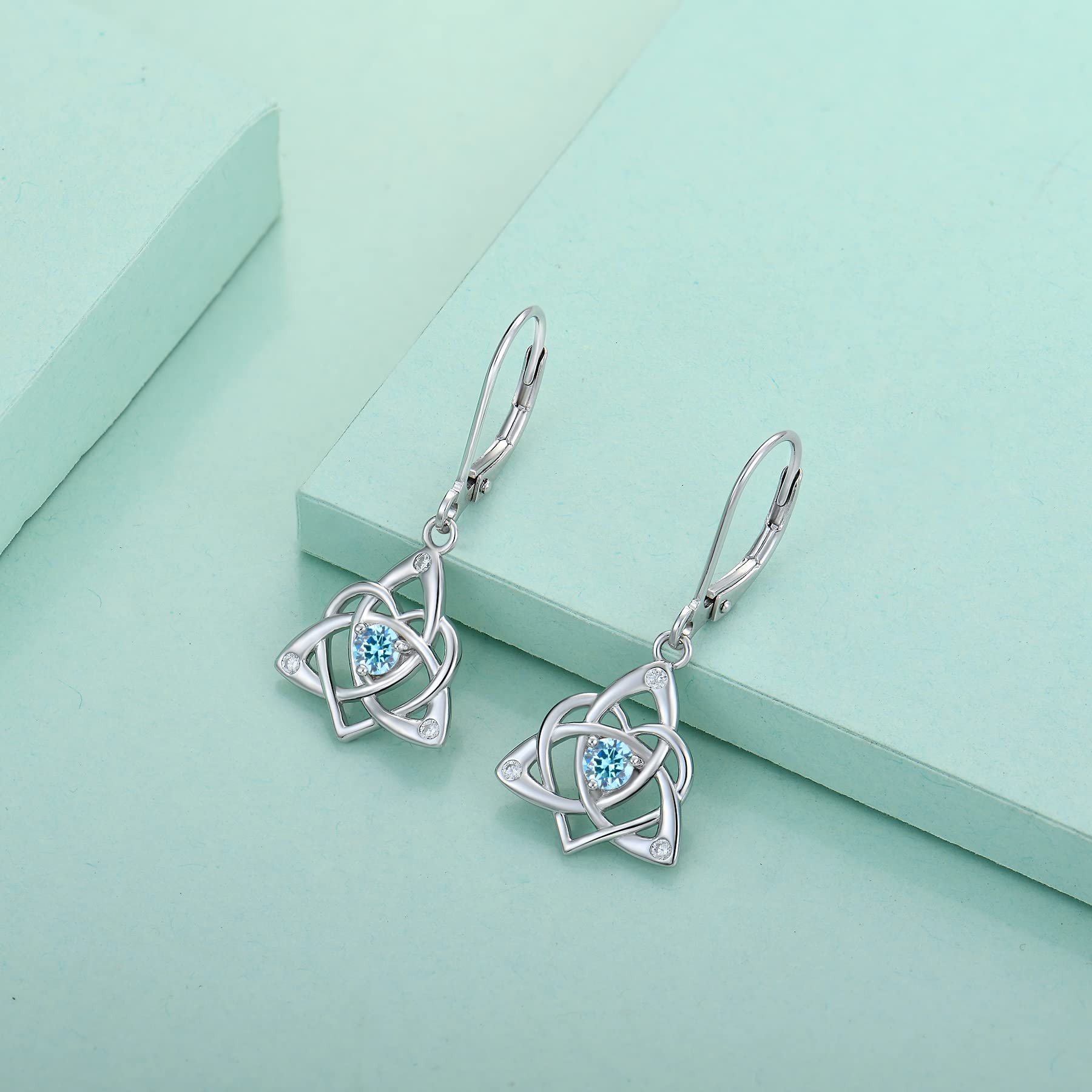 Celtic Knot Dangle Earrings for Women - Sterling Silver Trinity Love Knot Leverback Earrings with Gemstones | Elegant Jewelry Gift for Weddings, Anniversaries & Special Occasions