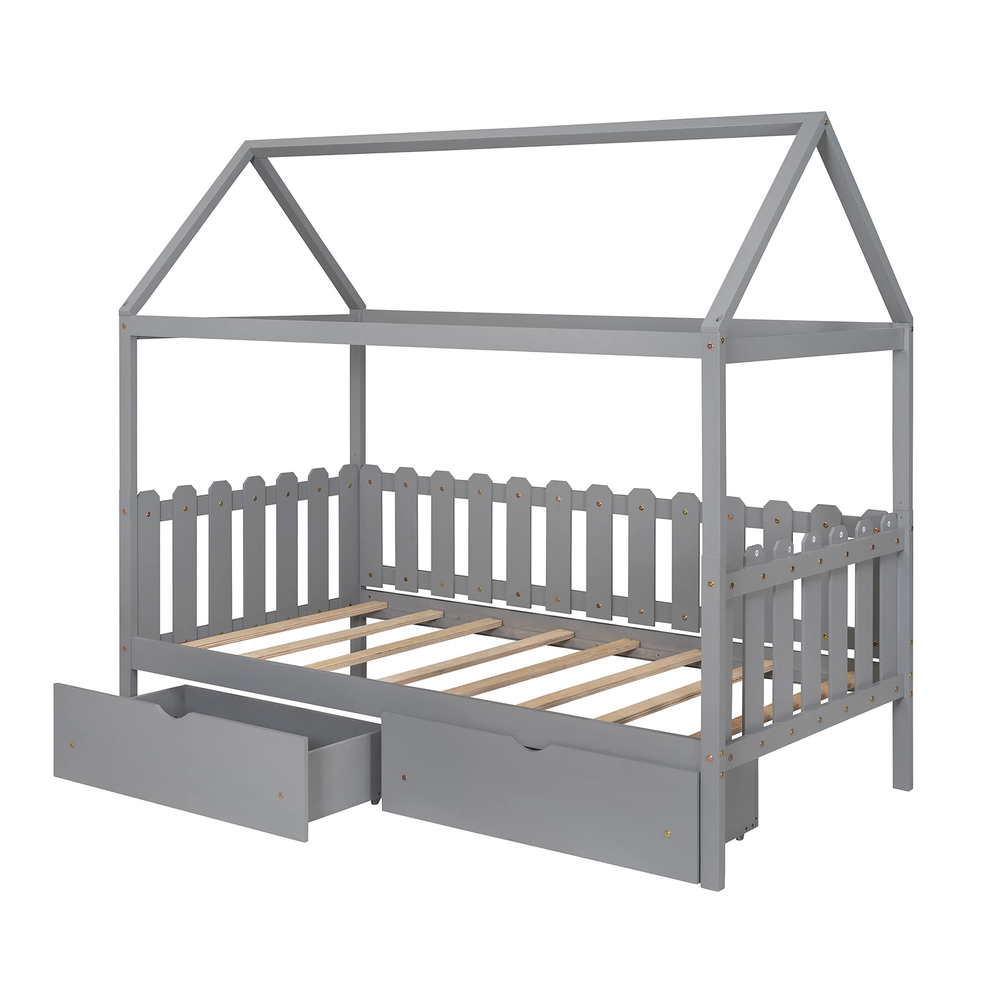 Modern Twin Size Wood House Platform Bed with 6 Drawers - Low Floor Daybed with Fence-Shaped Guardrail, No Box Spring Needed Sofa Bed (Gray) - Perfect for Small Spaces, Kids Rooms & Guest Bedrooms