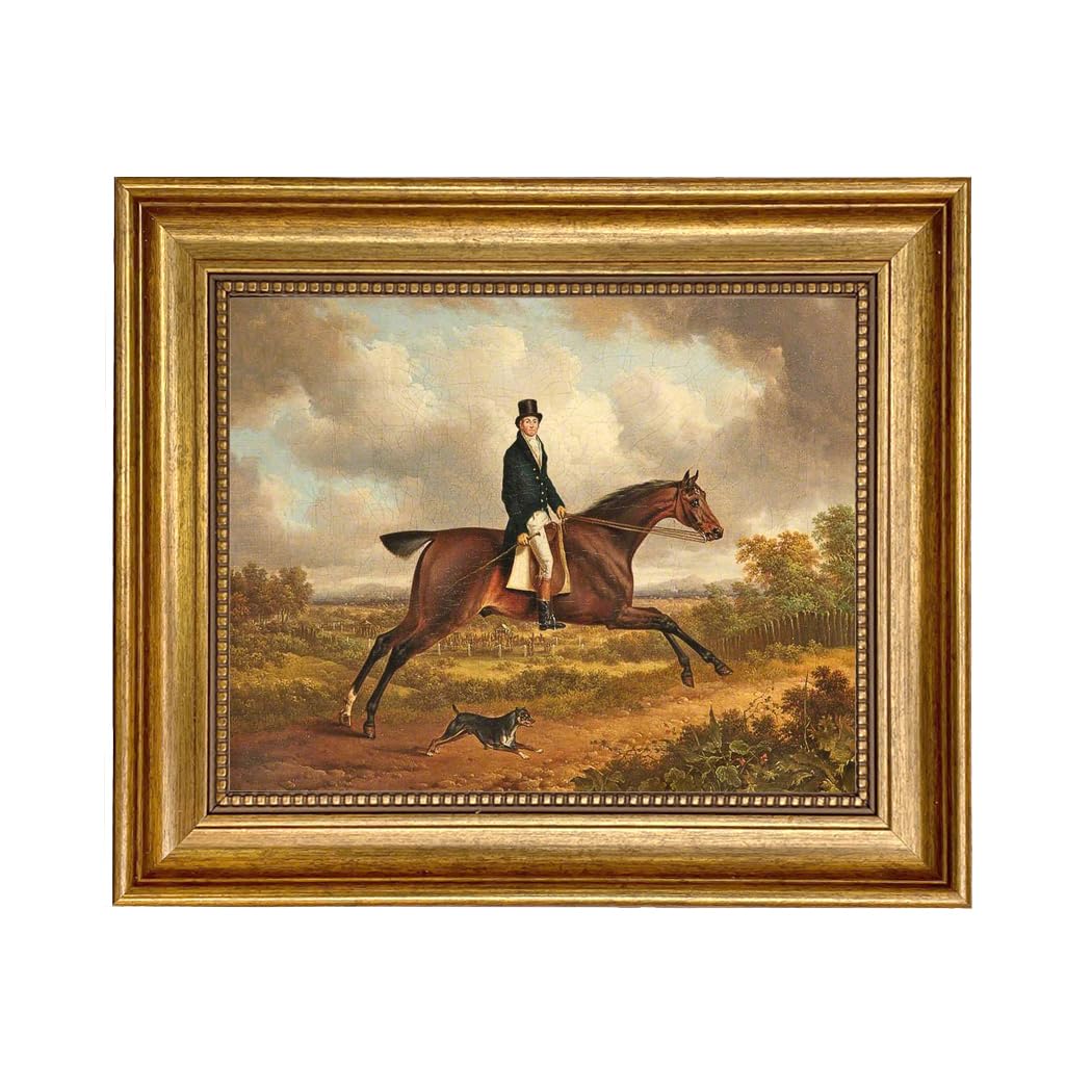 Schooner Bay Co. Charles Towne Down the Path 8 x 10 Inch Oil Painting Print on Canvas with Gold Frame - Equestrian Horse Hunter Terrier Sporting Wall Art for Living Room, Bedroom, or Office Décor - Ready to Hang