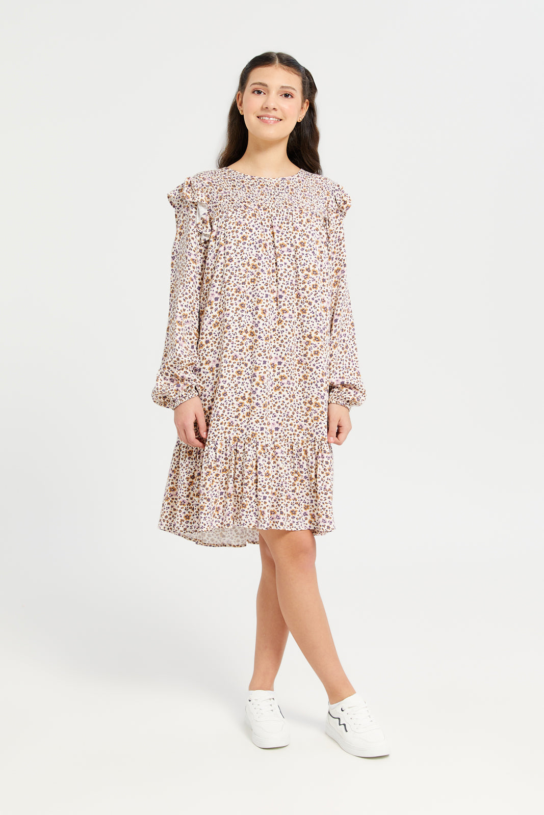 Animal Print Long Sleeve Smocked Dresses for Women - Boho Chic Floral Midi Dress for Party, Date Night & Special Occasions