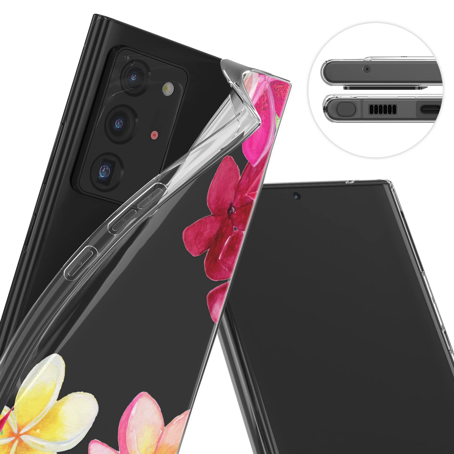Samsung Galaxy S24 S23 Ultra S22 Plus S21 FE 5G S20 Note 20 10 Phone Case - Clear Silicone TPU Protective Cover with Tropical Hawaiian Floral Plumeria Design | Shockproof & Flexible for Everyday Use, Travel & Outdoor Activities