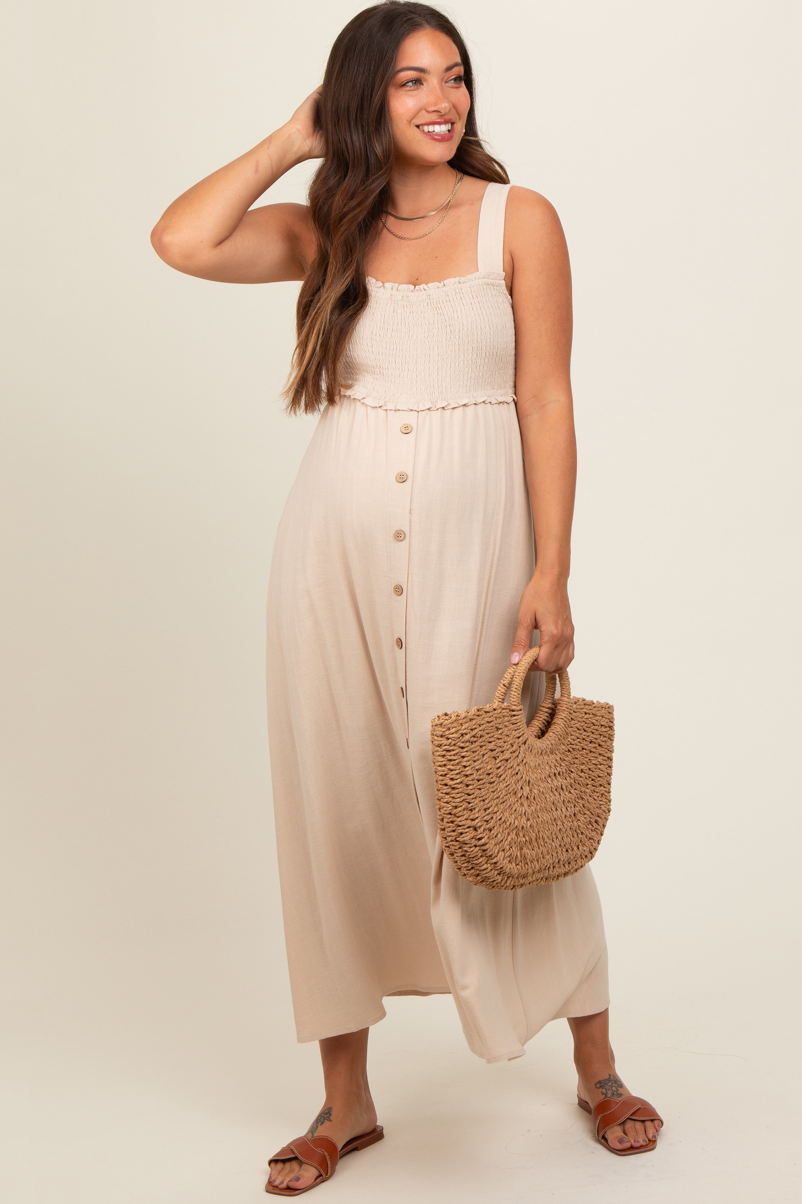 Beige Button Down Smocked Maternity Dress for Pregnancy - Comfortable Nursing Dress for Women, Perfect for Baby Showers, Maternity Photos & Everyday Wear