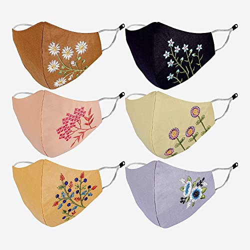 DCloud Hub 6-Pack Reusable Cotton Face Masks for Women & Girls - Breathable, Adjustable Ear Loops, Anti-Bacterial, Embroidered Design - Perfect for Daily Use, Travel, Work & School Protection