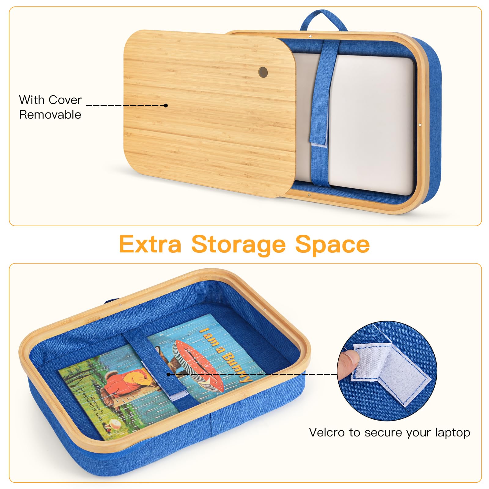 Mayjoy Bamboo Lap Desk with Storage - Portable Laptop Stand for Bed, Couch & Office - Removable Cover for Writing, Drawing & Working Comfortably (Blue) - Perfect for Remote Work, Study & Home Office Use