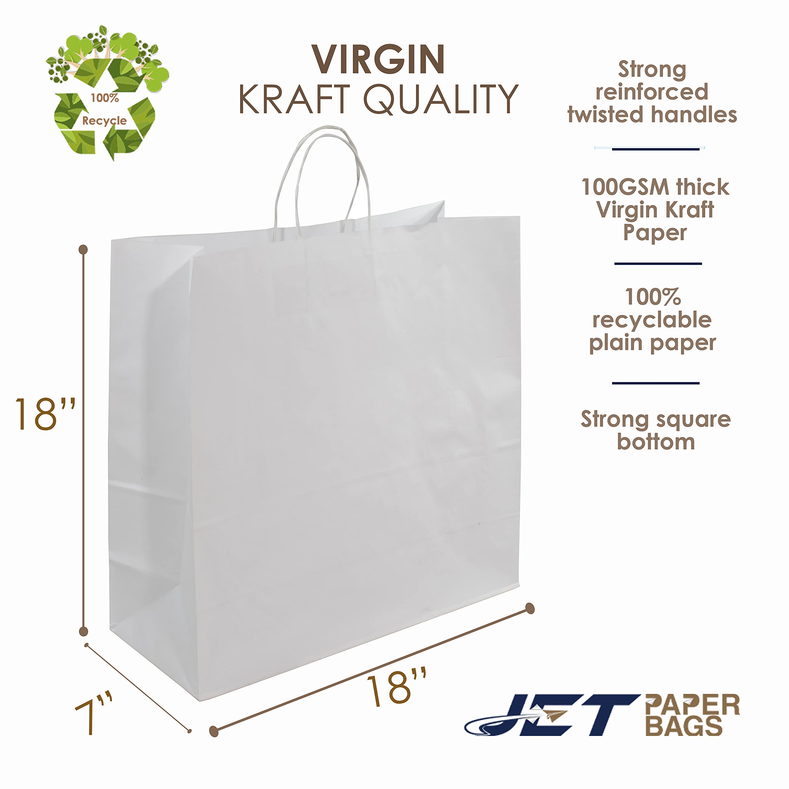 JET PAPER BAGS - 18x7x18 Inch Large White Kraft Paper Bags with Handles (100 Pack) - Eco-Friendly Recyclable Gift Bags for Takeout, Grocery, Retail, Parties, Weddings & Gifts | Perfect for Shopping, Gift Wrapping & Event Favors