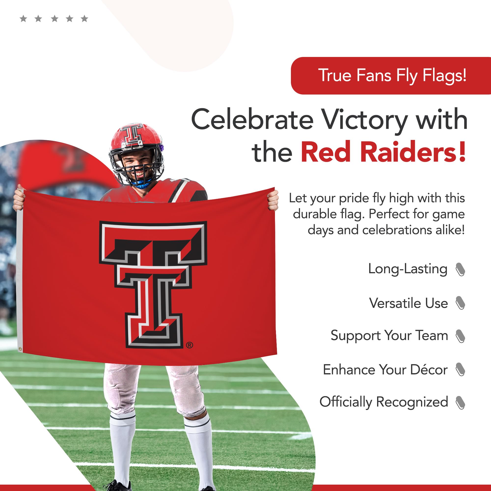 Texas Tech Red Raiders 3' x 5' NCAA Licensed Nylon College Sports Flag - Durable Outdoor/Indoor School Banner for Game Day, Tailgating & Home Decor (Red, Black, White)