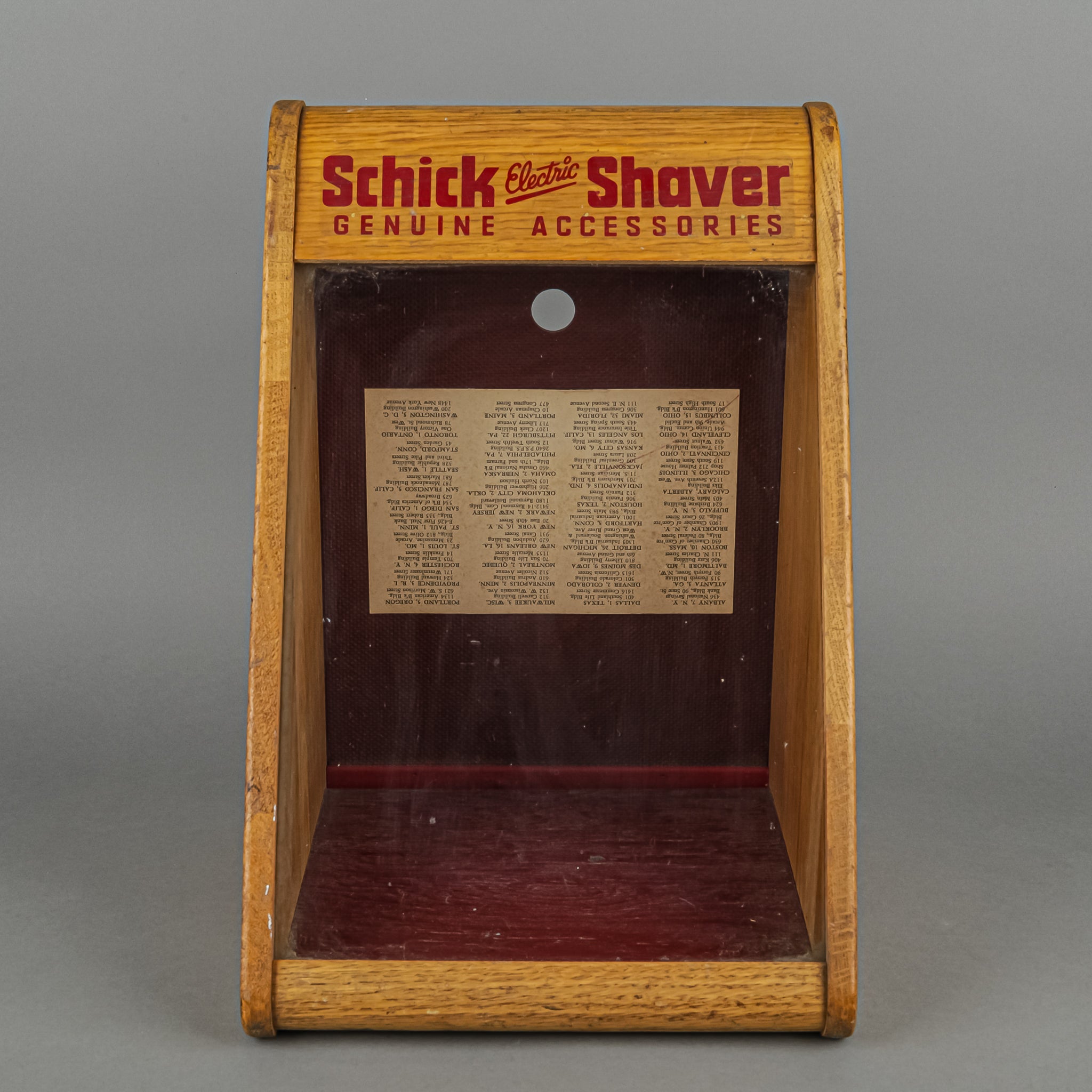 Vintage Schick Shave Table Top Oak Display - Antique Barber Shop Decor for Home Salon & Man Cave Display