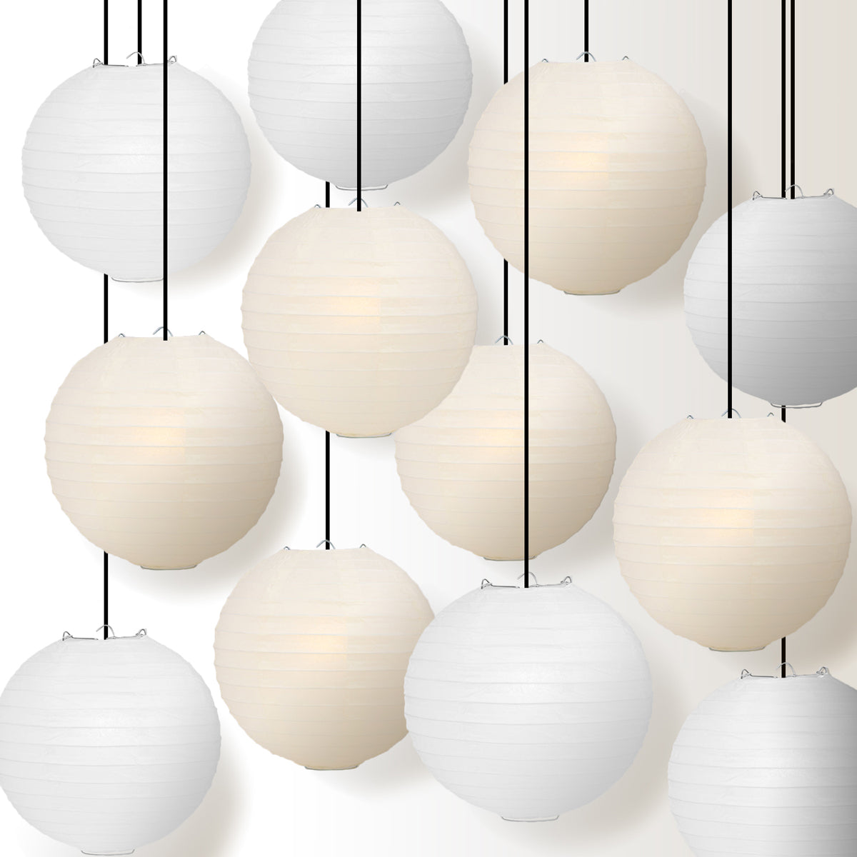 12-Piece White & Beige Paper Lantern Set for Wedding Decorations, Party Supplies, and Home Celebration Decor - Perfect for Indoor/Outdoor Events