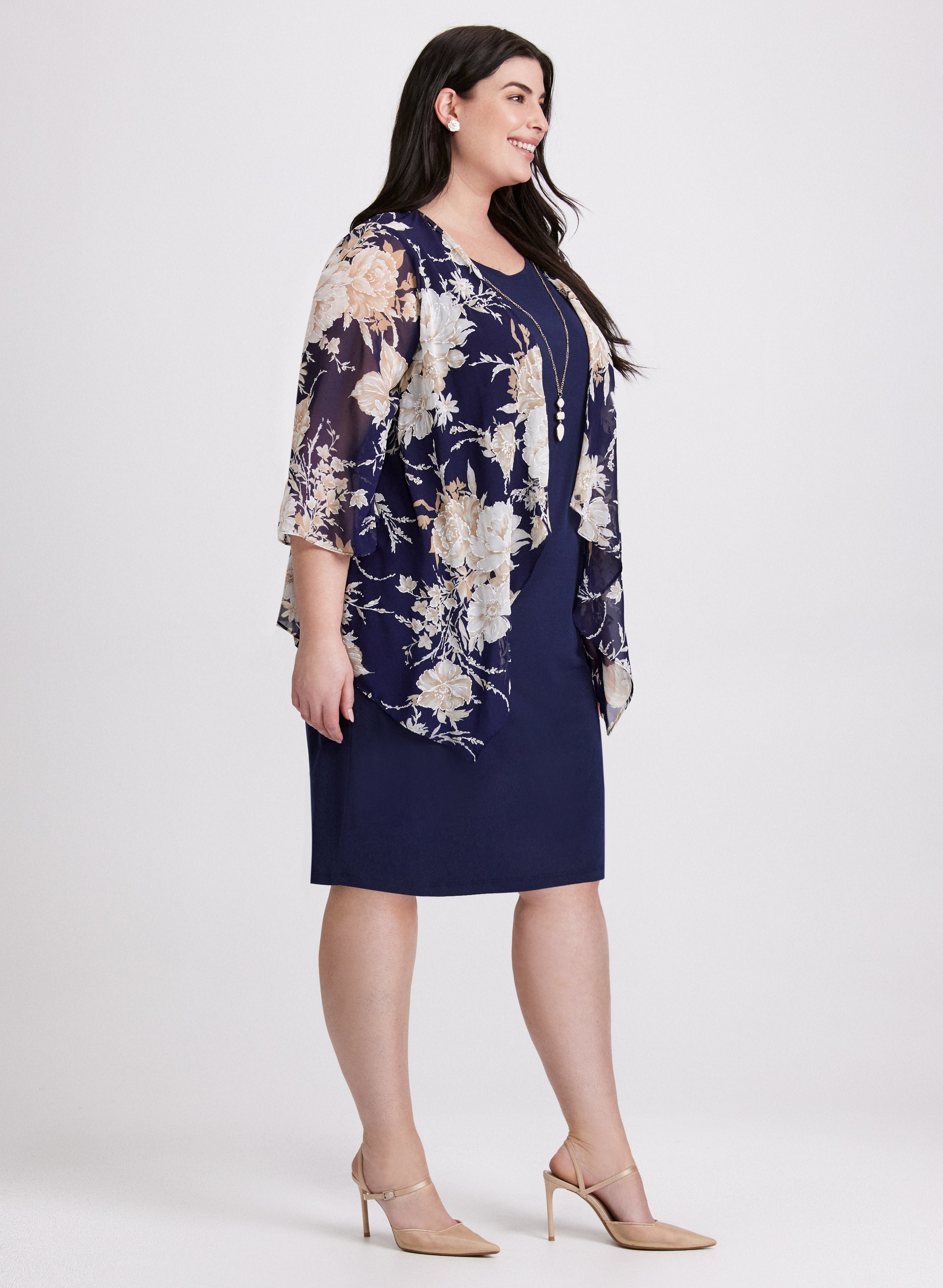 Women's Floral Dress with Cardigan & Necklace Set - Elegant Outfit for Spring, Summer, Date Night and Special Occasions