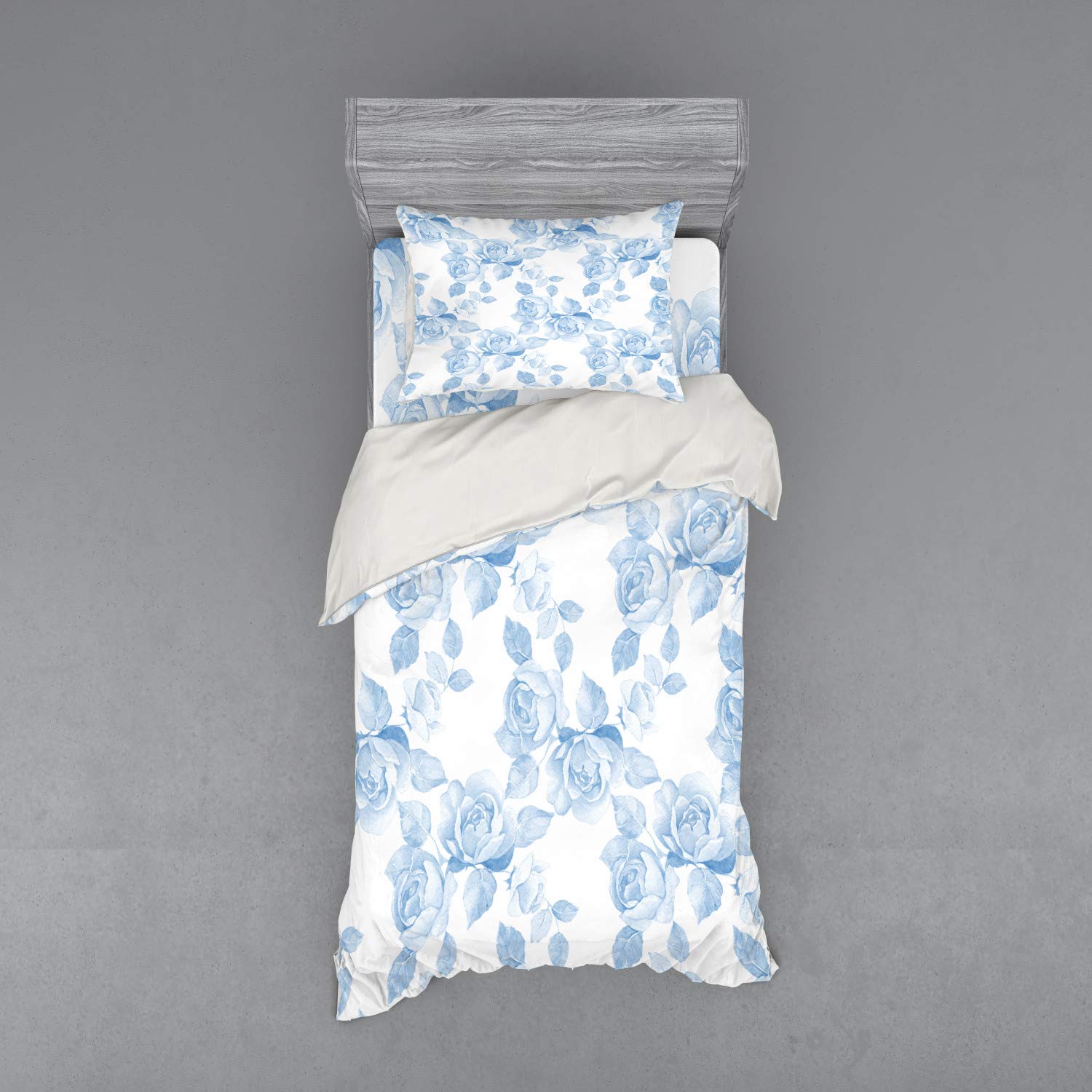 Ambesonne Rose Duvet Cover Set - Faded Floral Dreamy Branch Pastel Design, 3-Piece Twin XL Bedding with Sham & Fitted Sheet in Soft Blue & White | Perfect for Spring Decor, Guest Room & Boho Chic Bedroom