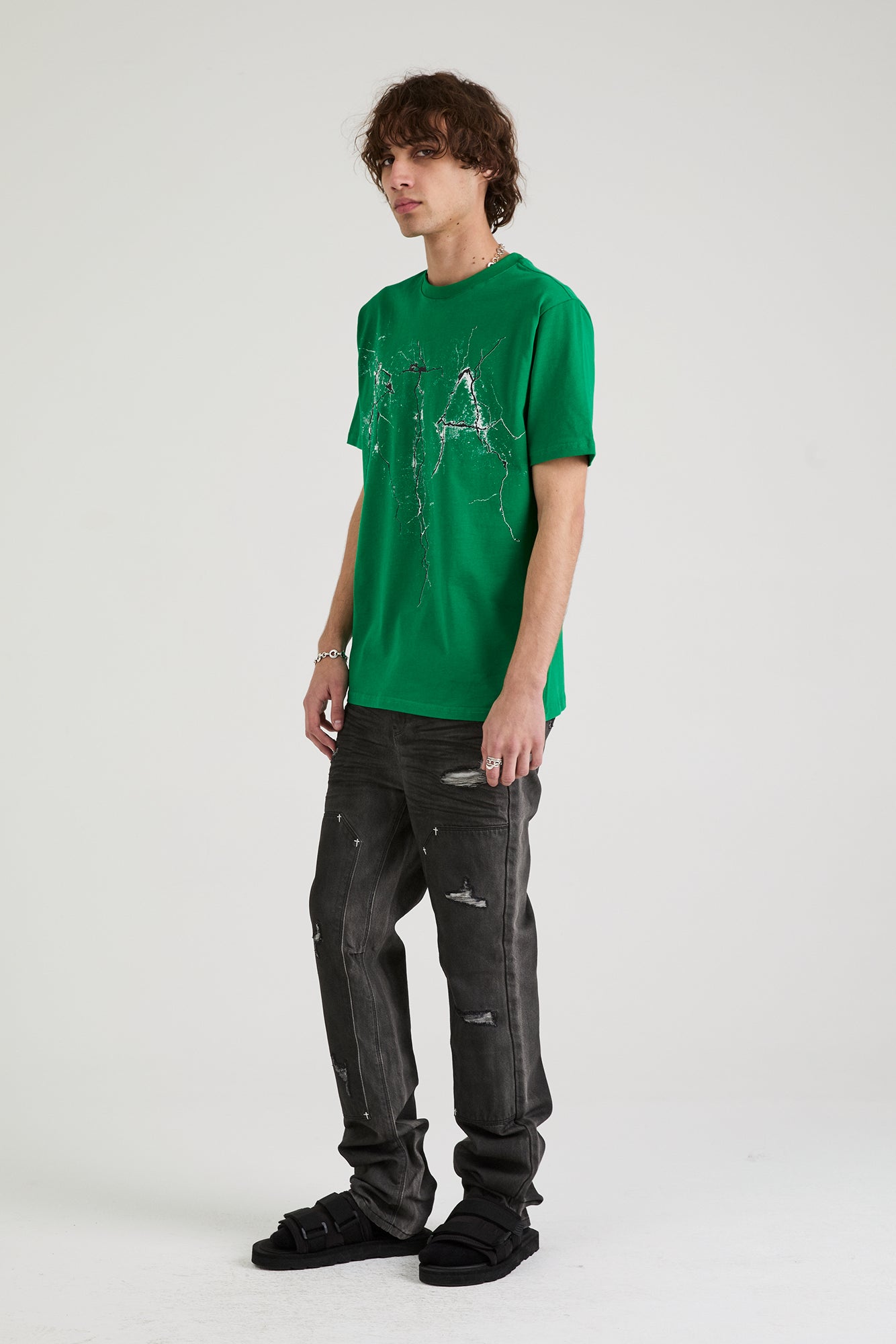 Liam Short Sleeve T-Shirt for Men | Green Cracked Logo Graphic Tee | Casual Streetwear & Everyday Outfit Essential