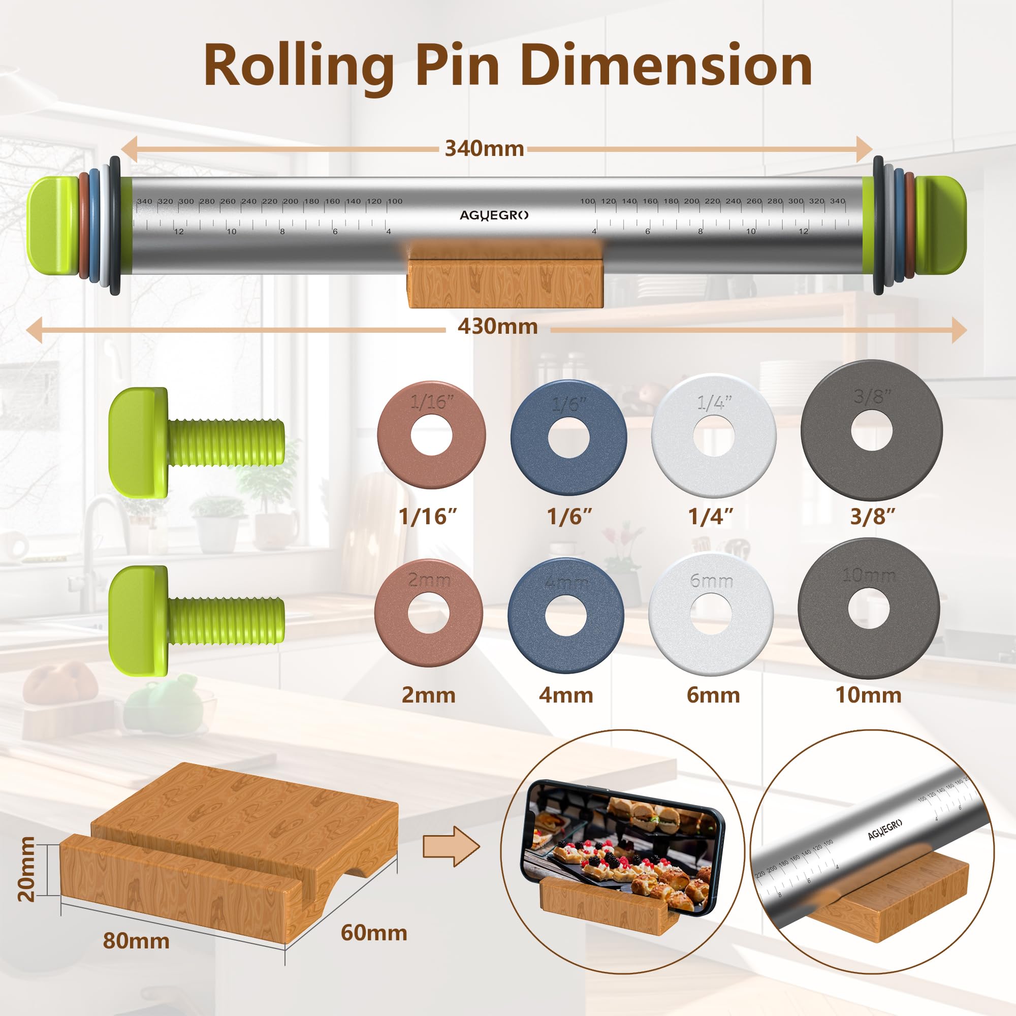 Premium Stainless Steel Rolling Pin with 4 Multi-Color Thickness Rings & Wooden Stand - 13.6